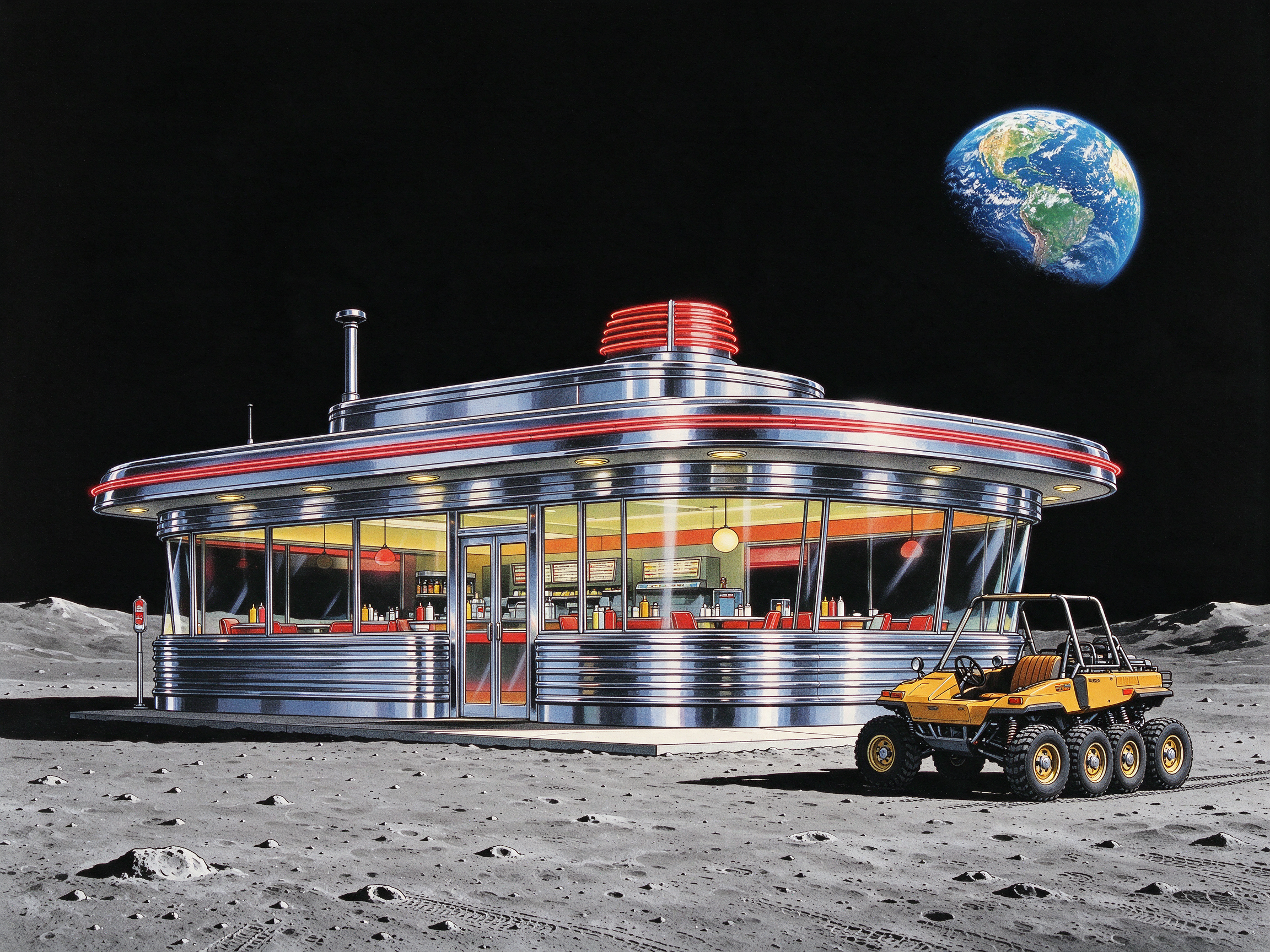 A chrome retro diner on the grey moon with a six wheeled buggy parked outside and Earth in the sky