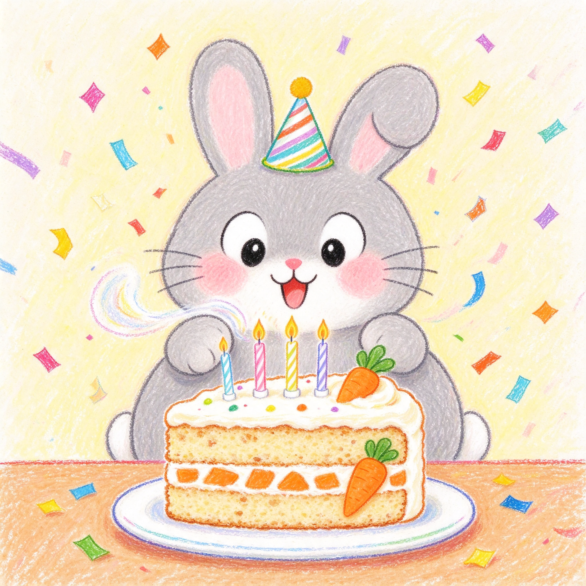 Seedream 5 Flash: a round grey rabbit puffs at the candles on a carrot cake slice on yellow crayon paper