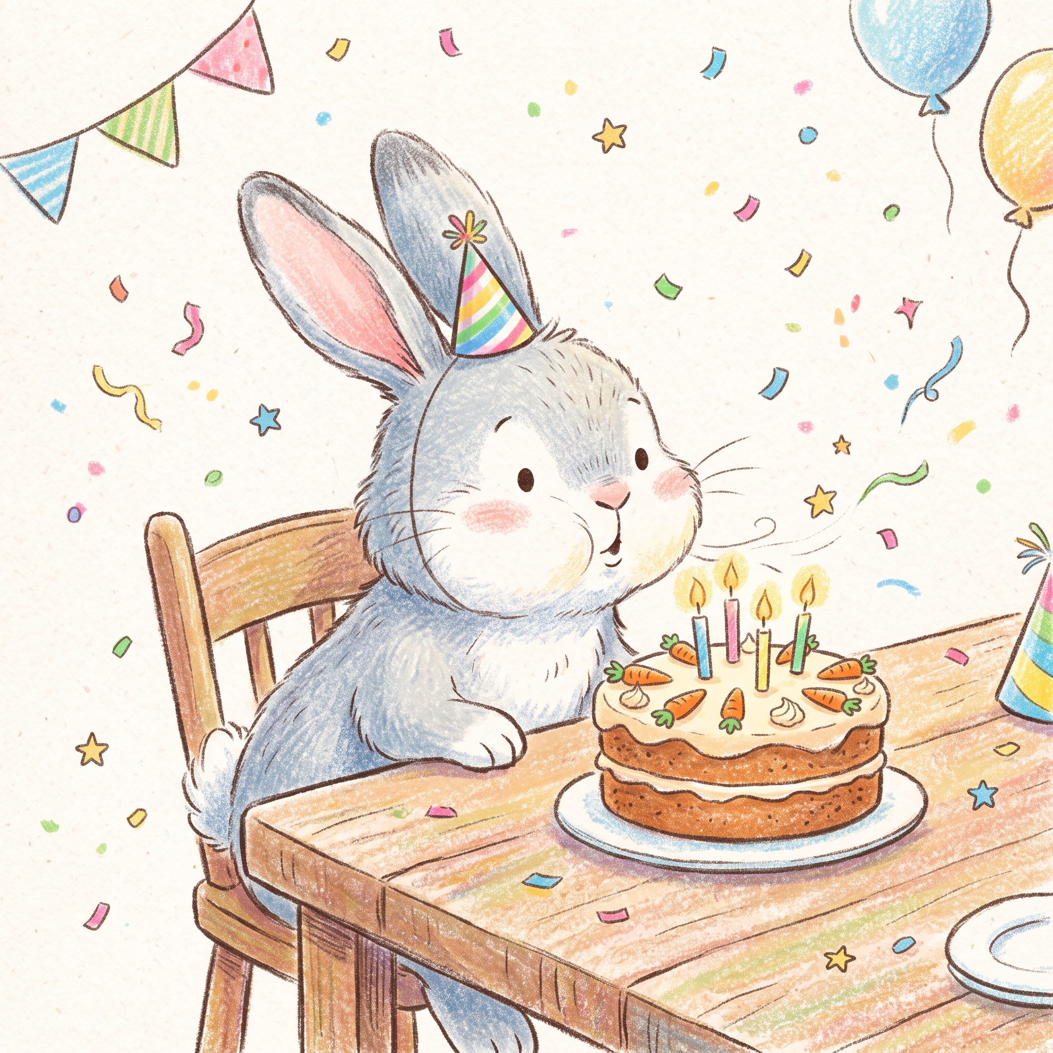 Nano Banana 2.1: the rabbit sits on a chair at a wooden table with bunting, balloons and a carrot cake