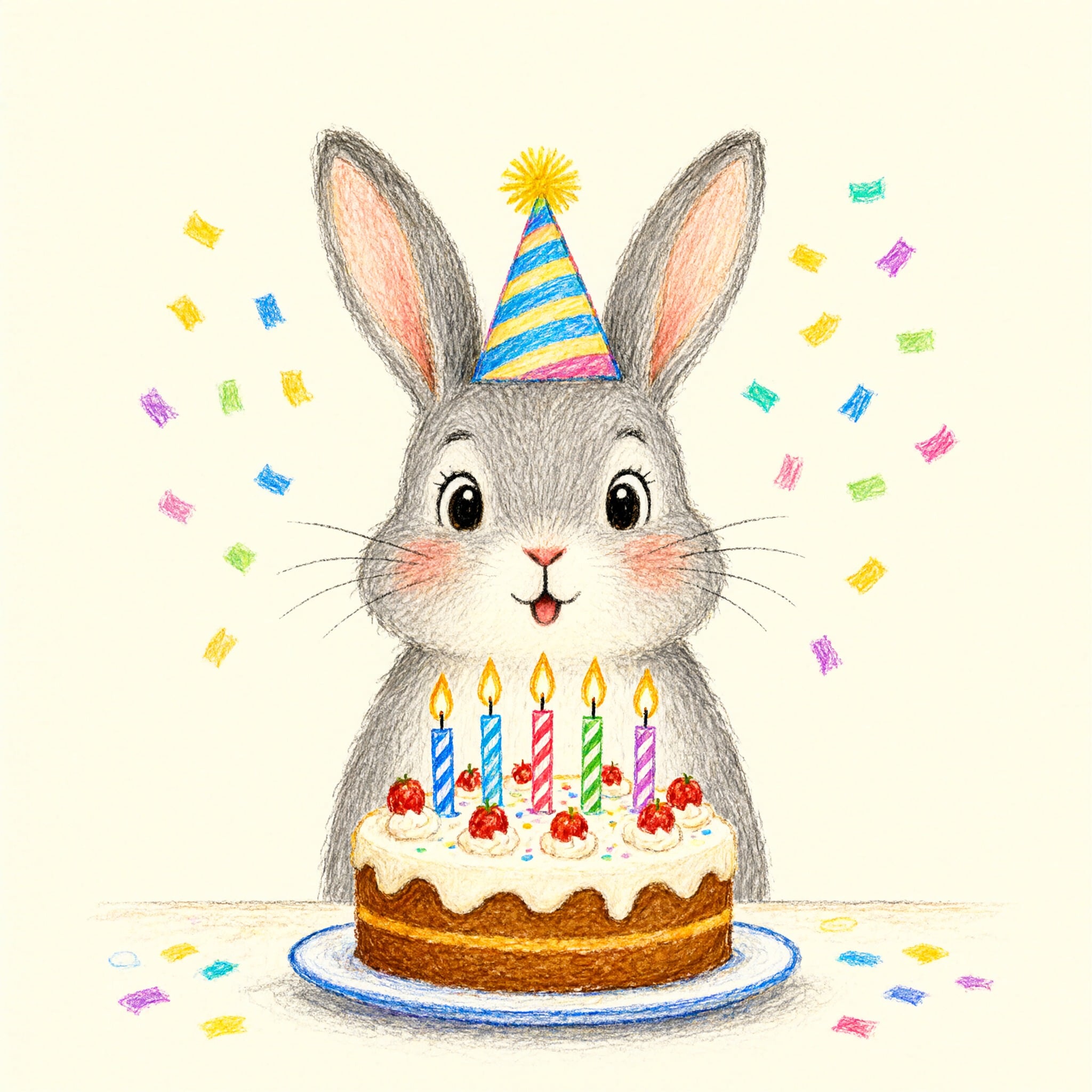 Qwen Image 2.1 Turbo: a colored pencil rabbit in a striped hat behind a cake with five candles