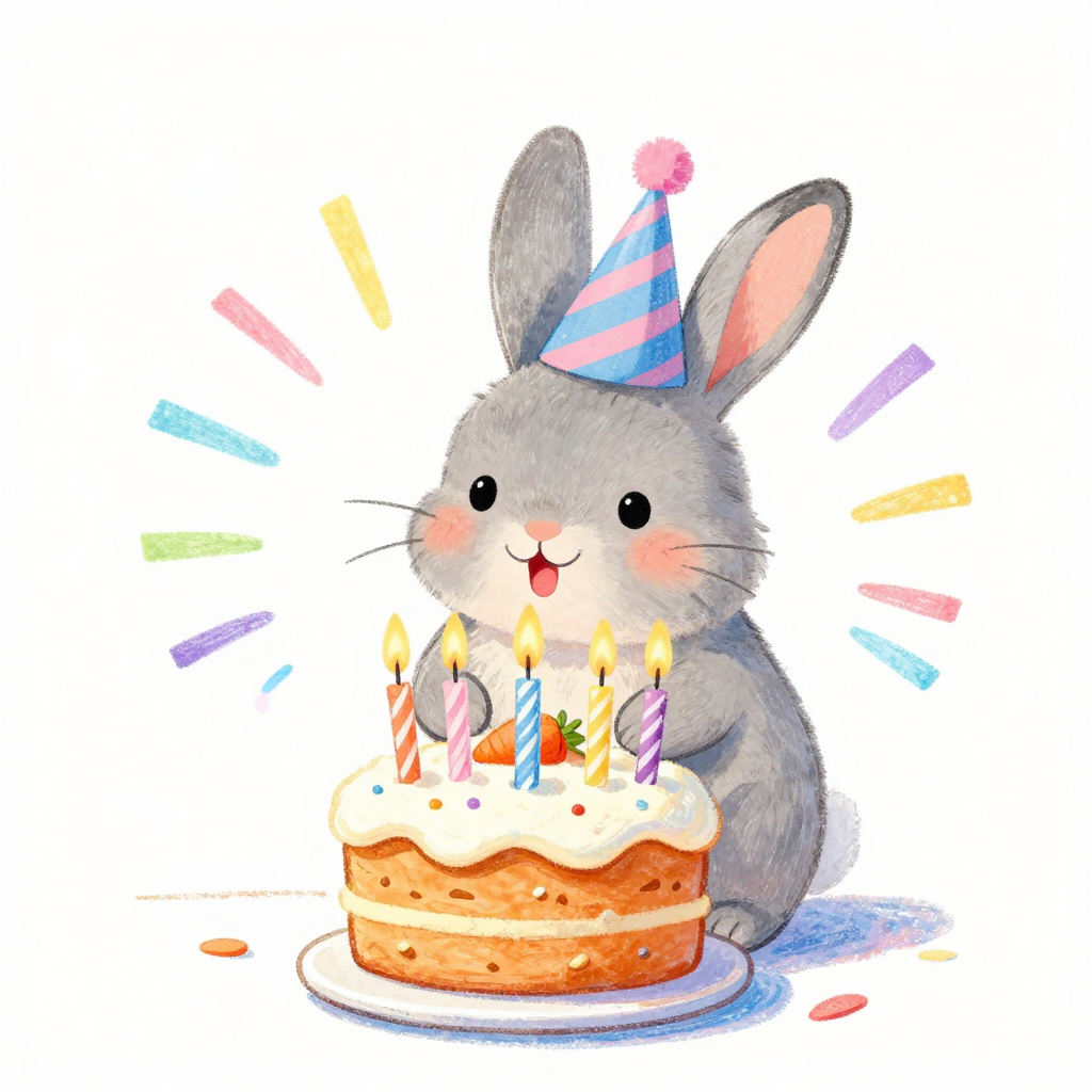 Z-Image Turbo: a grey rabbit in a party hat behind a cake with lit candles and pastel rays