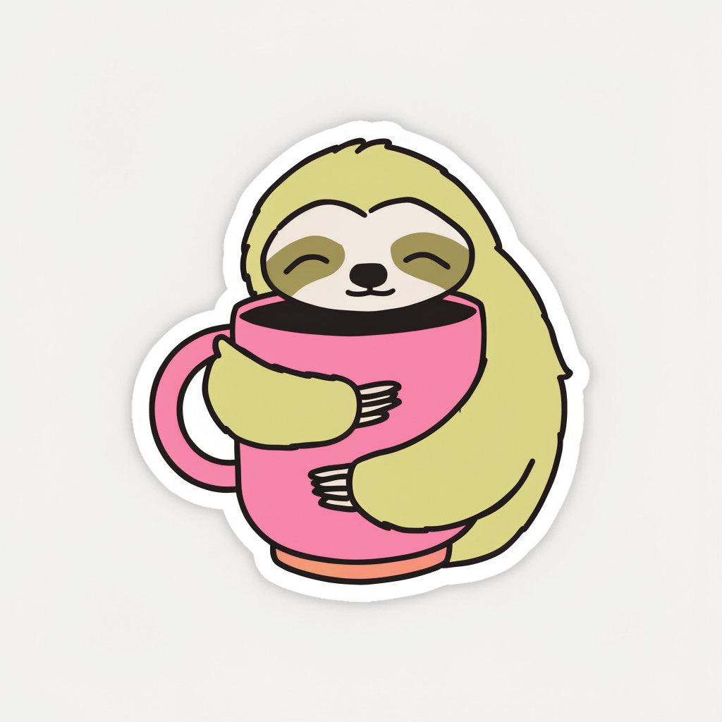 A die cut sticker of a smiling sloth hugging a pink coffee mug
