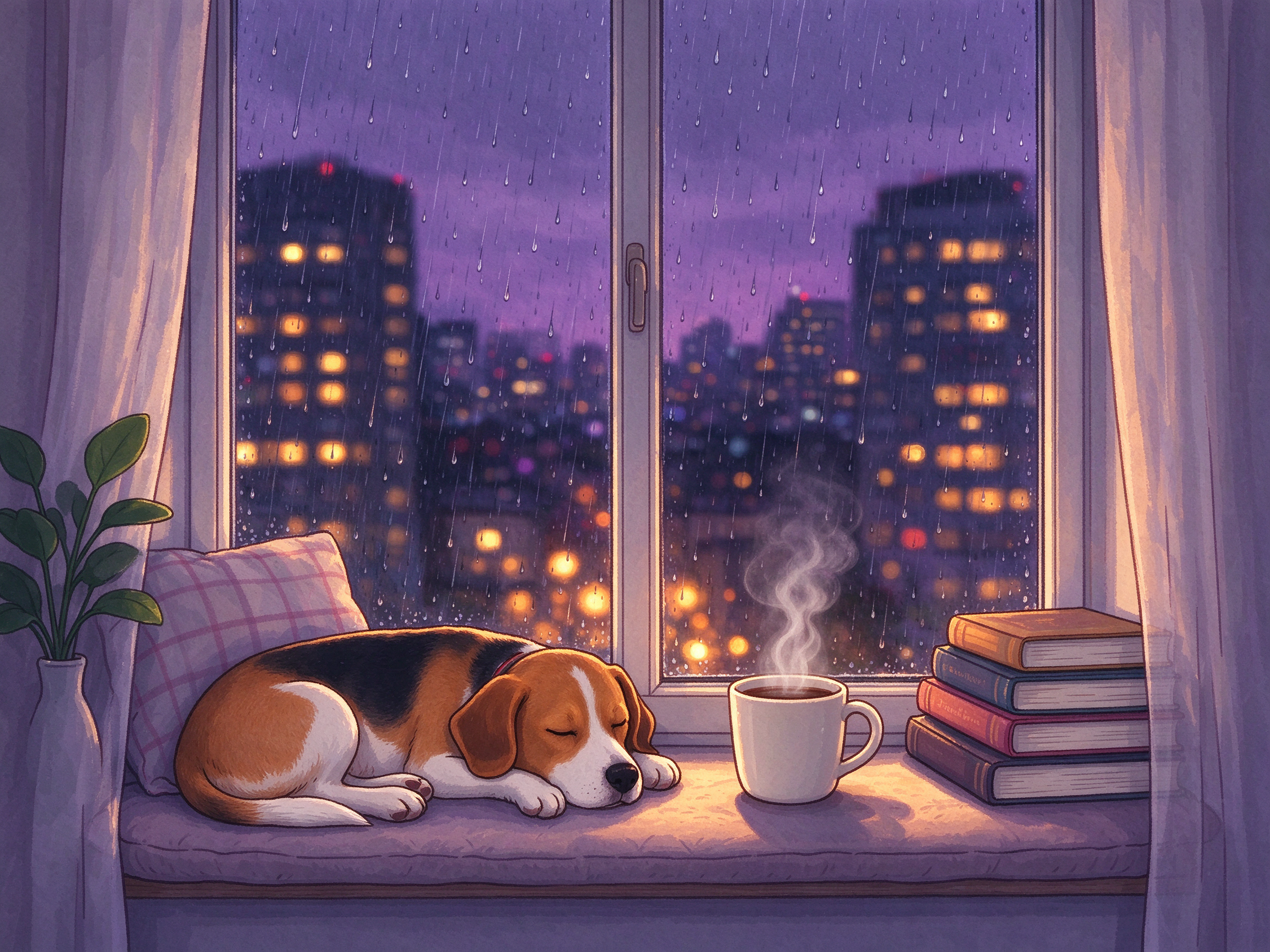 A beagle sleeps on a window seat beside a steaming mug and books as rain falls over a purple city