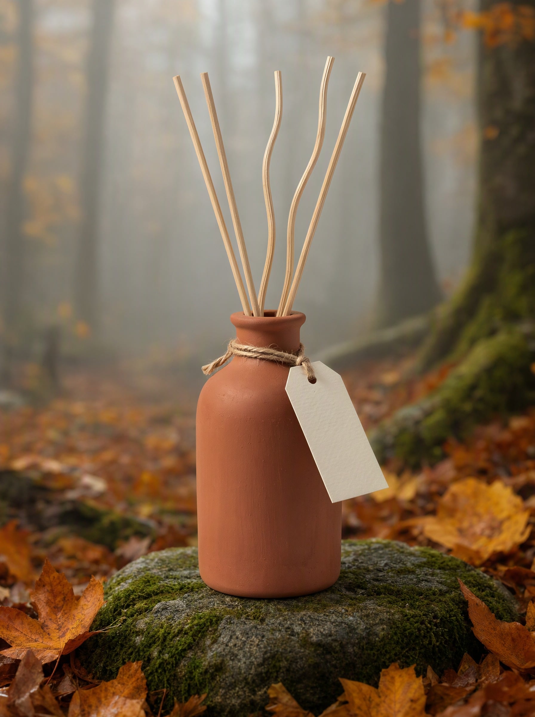 Scene swap on Qwen Image 2.1: the same diffuser on a mossy stone among autumn leaves and fog