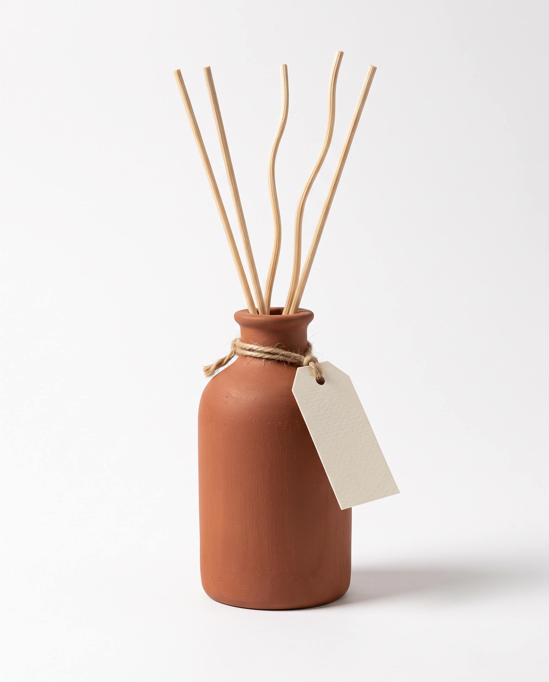 Product shot on Nano Banana 2.1: a matte terracotta diffuser with five rattan reeds and a blank tag on white