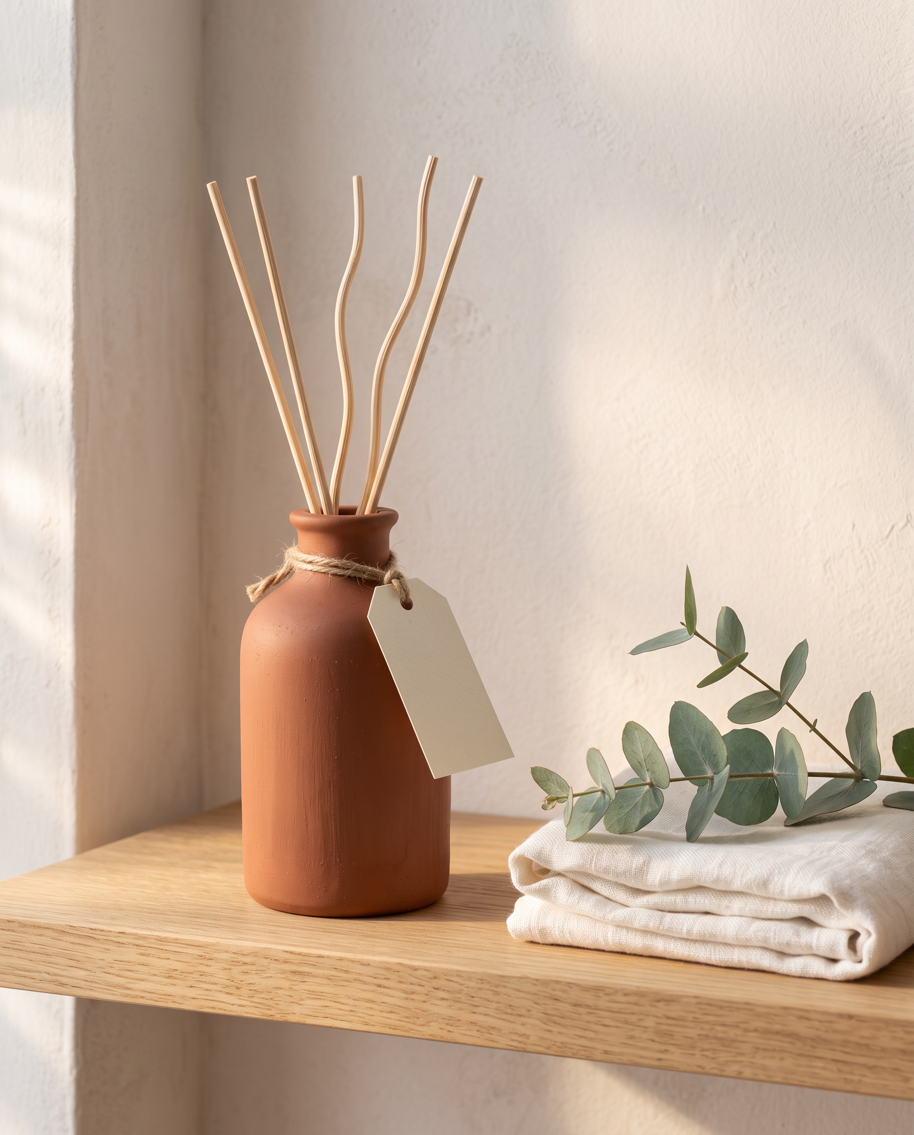 Scene swap on Nano Banana 2.1: the same diffuser on an oak shelf beside a folded towel and eucalyptus