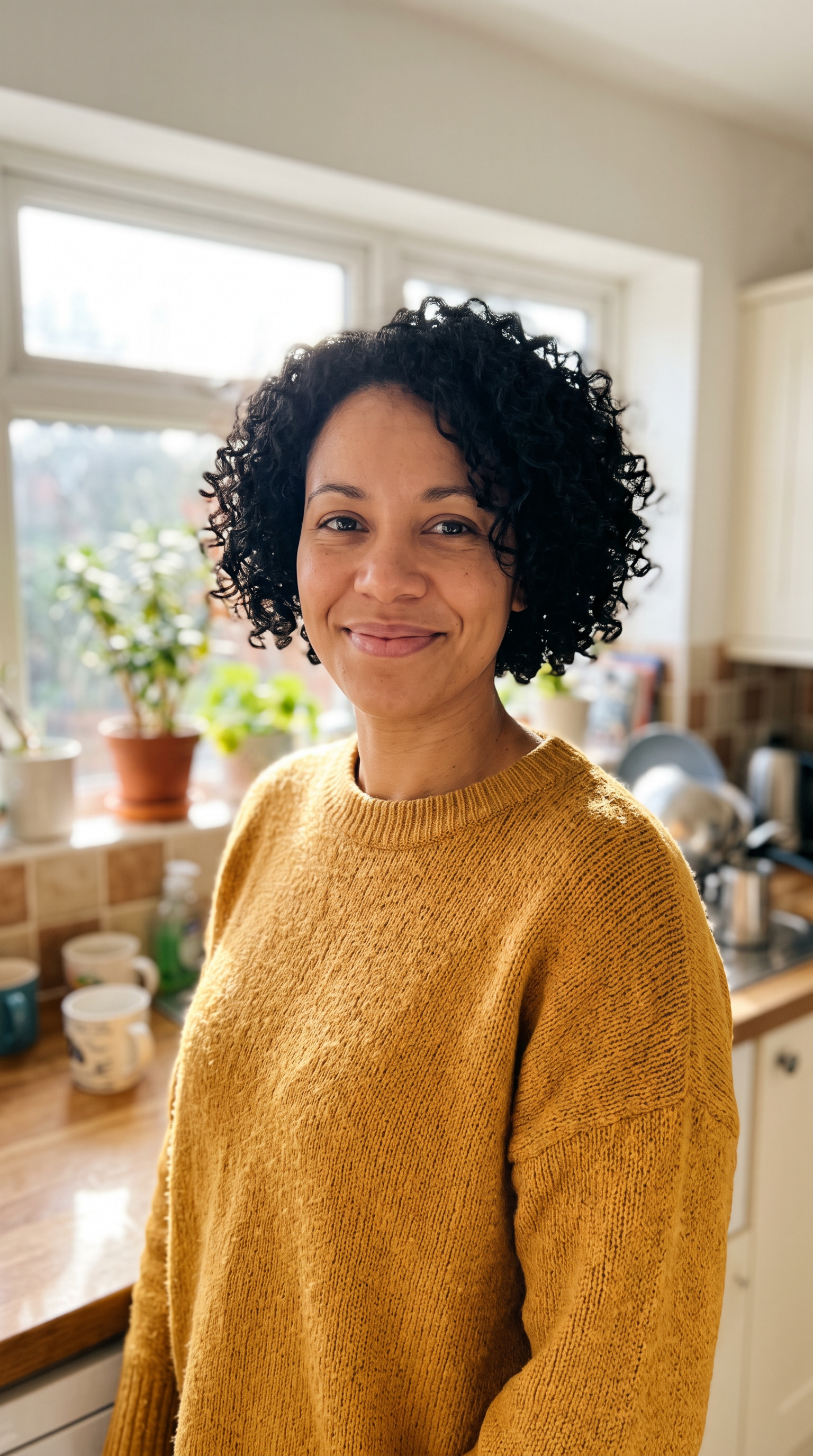 The presenter portrait: a woman with short black curls and a mustard sweater in a sunny kitchen