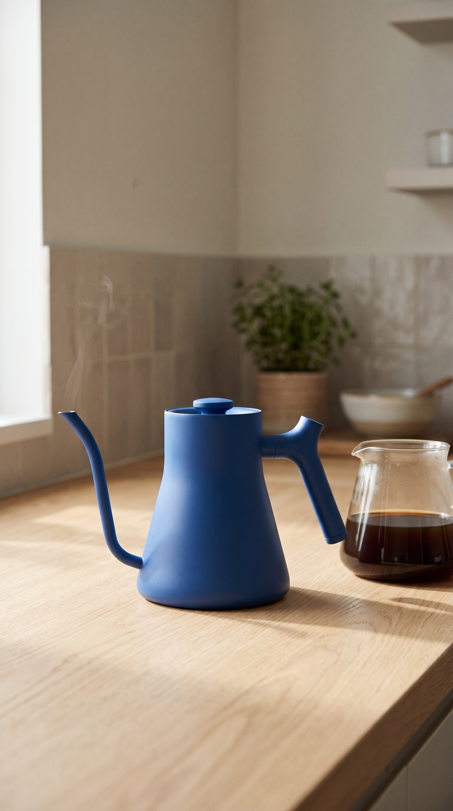 The product still: a cobalt blue gooseneck kettle beside a glass carafe on a pale oak counter