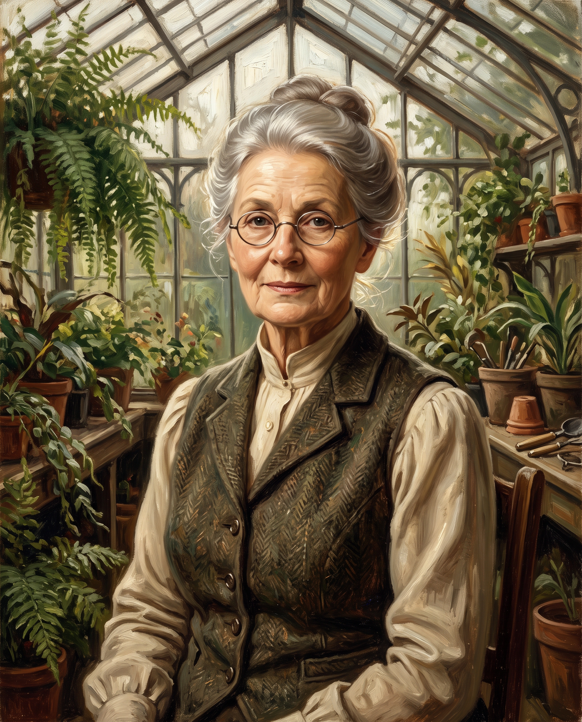 The starting portrait: an oil painted elderly botanist in round spectacles in a fern filled glasshouse