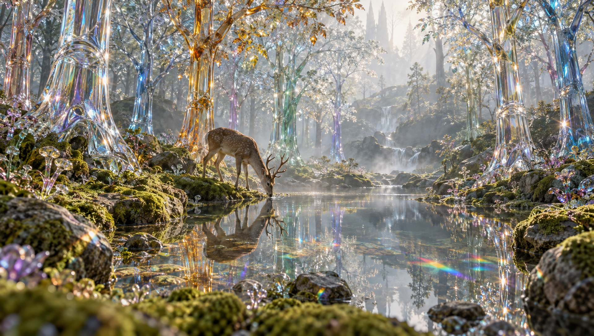 A forest of blown glass trees throws small rainbows on moss as a deer drinks from a still pond