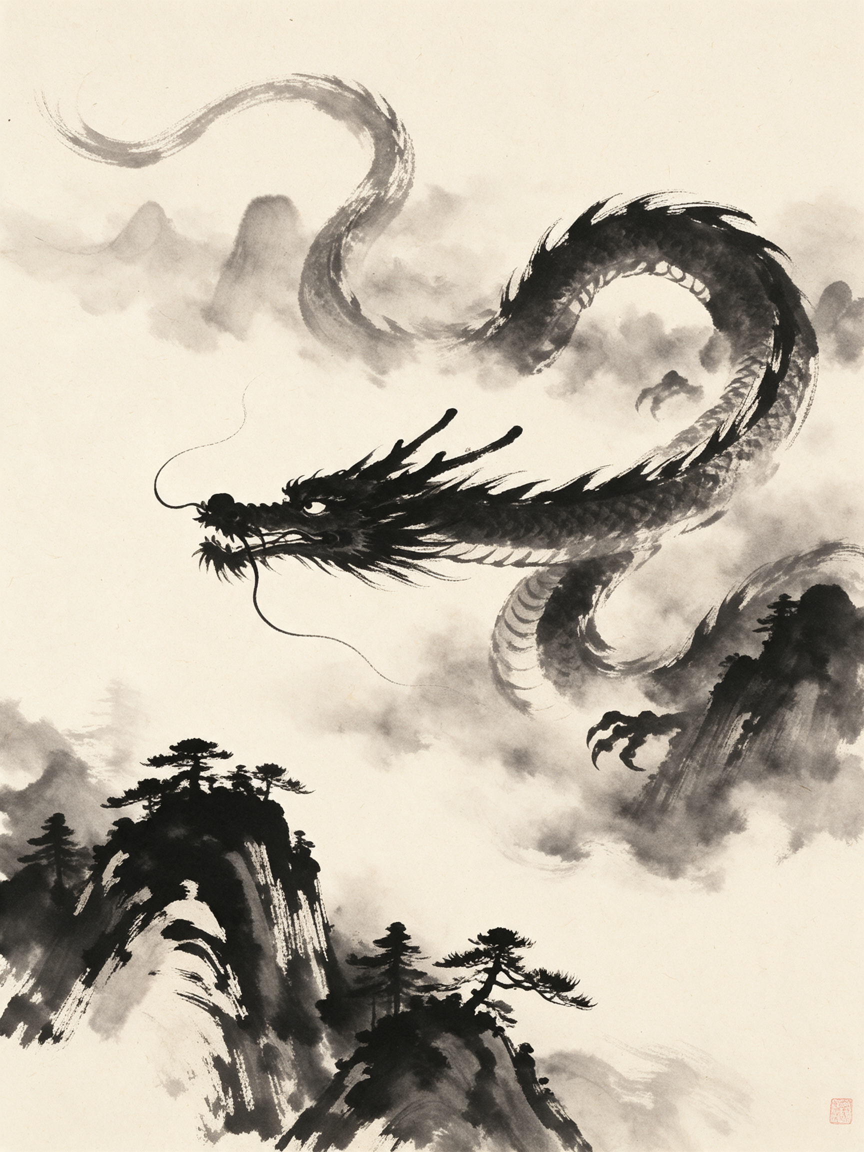 A black ink dragon coils through mountain mist above pine covered peaks on cream rice paper