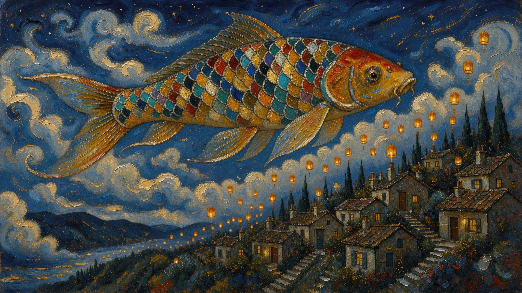 FLUX 3 Image: a koi with mosaic scales swims over a village of stone cottages and stairs