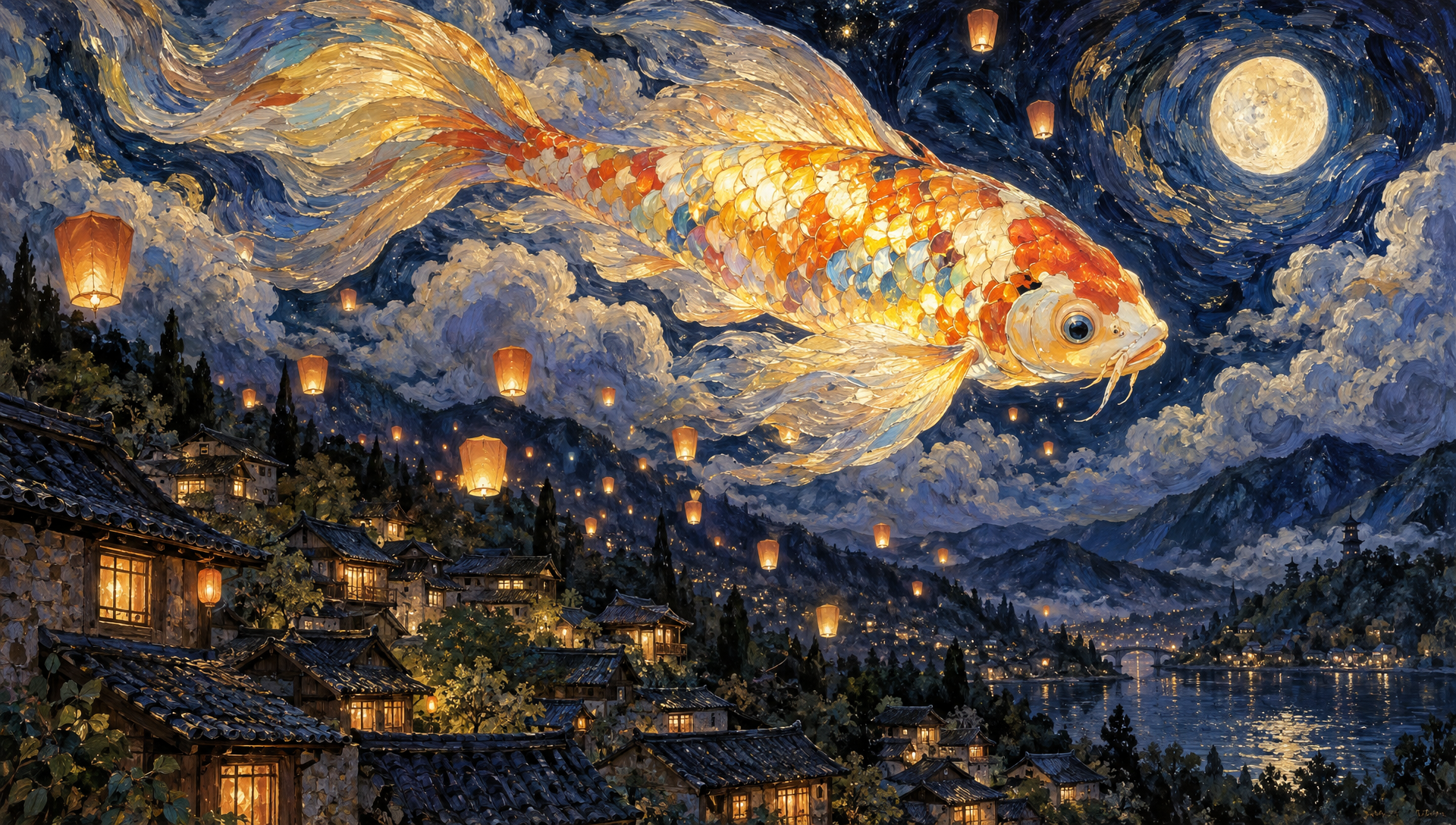 GPT Image 2.5: a golden koi glows over a lantern filled village under a full moon