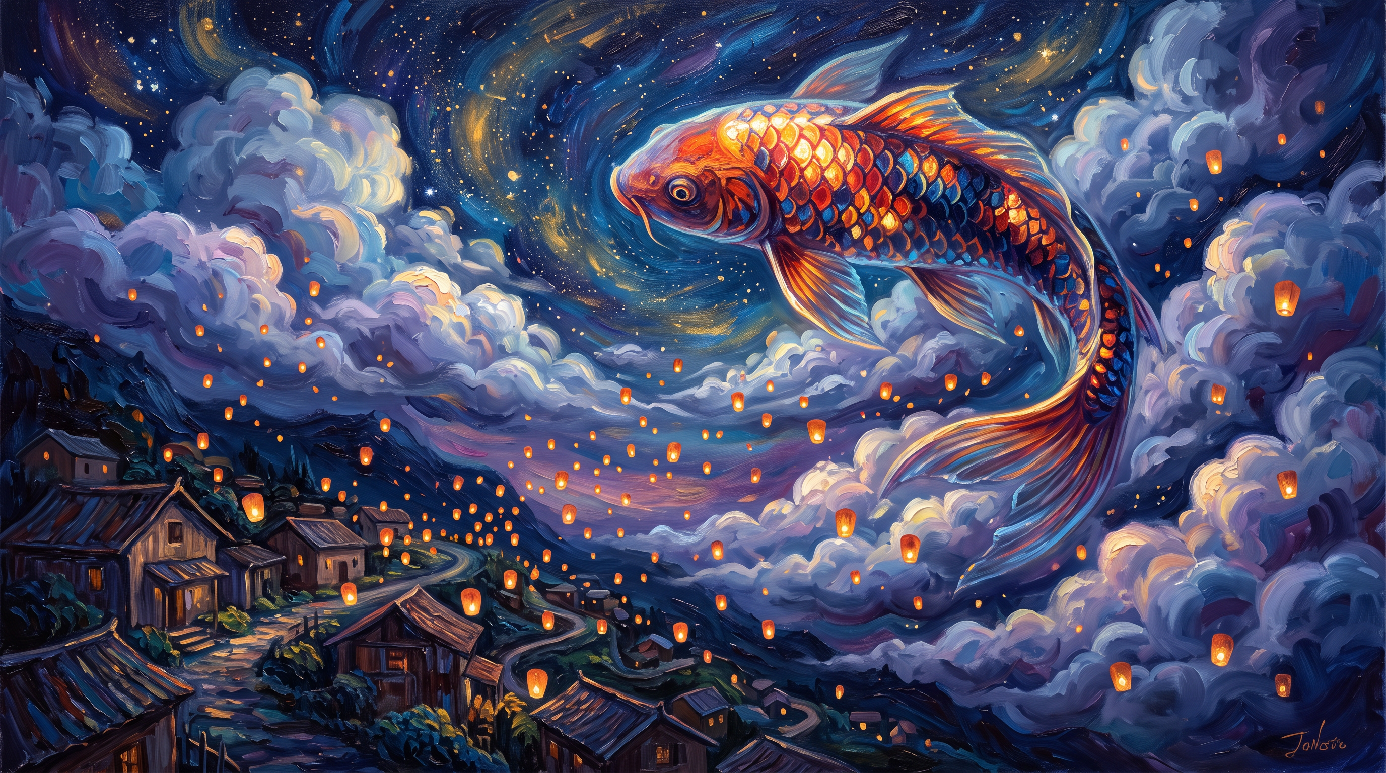 Nano Banana 2.1: a koi curls through violet storm clouds above the village