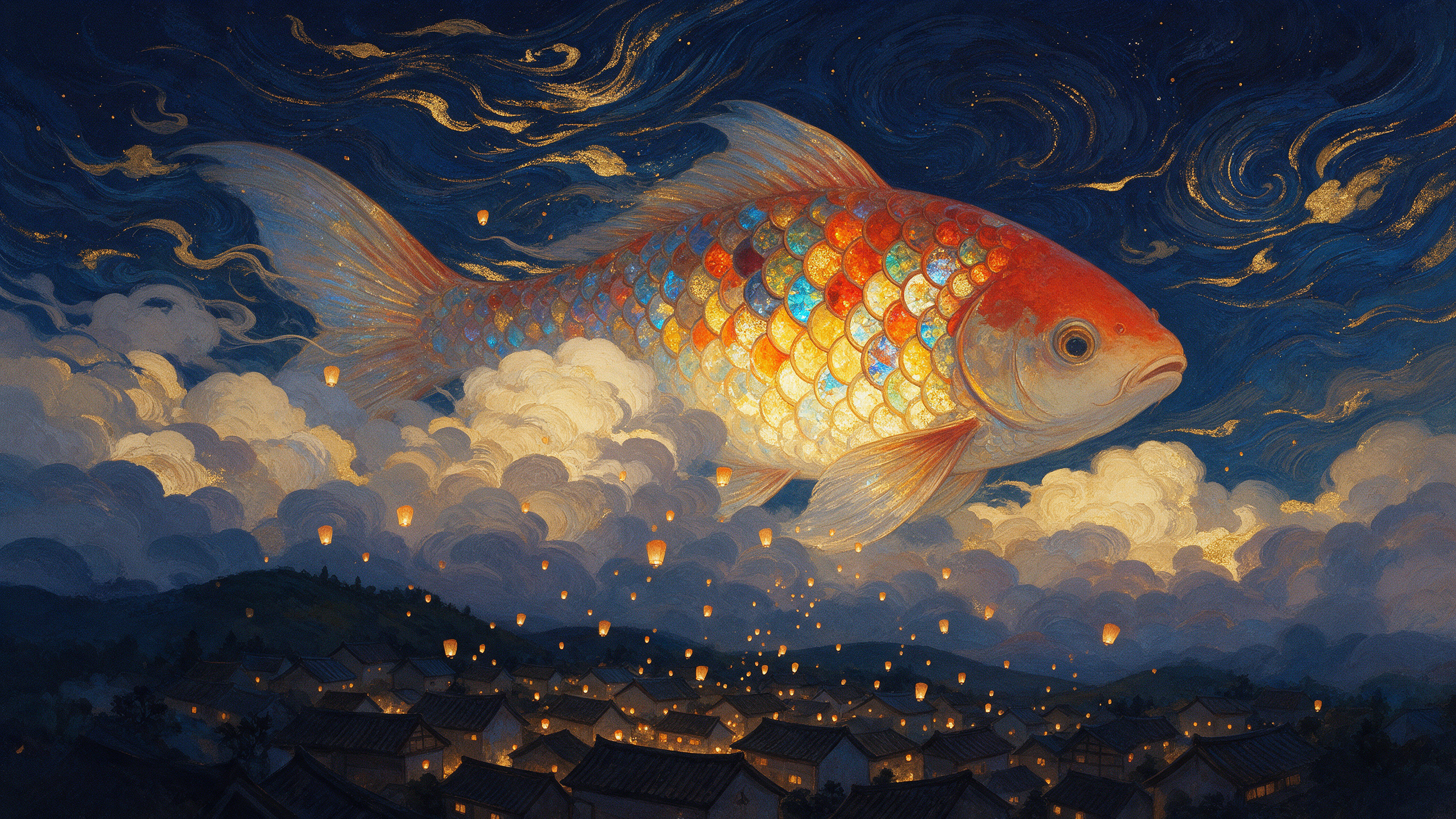 Seedream 5: a koi with glowing stained glass scales over a dark, quiet village