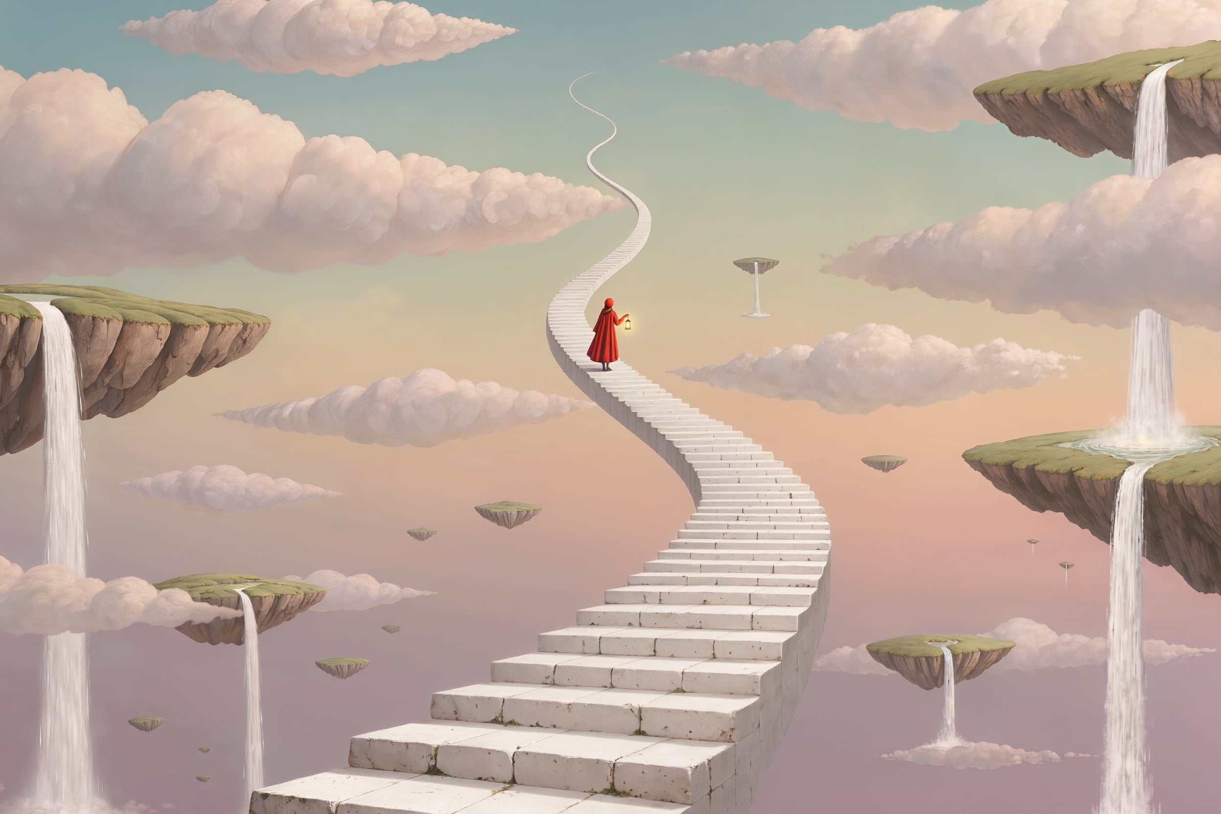 A white stone staircase winds up into a pastel sky of floating islands and waterfalls as a small figure in a red cloak climbs with a lantern