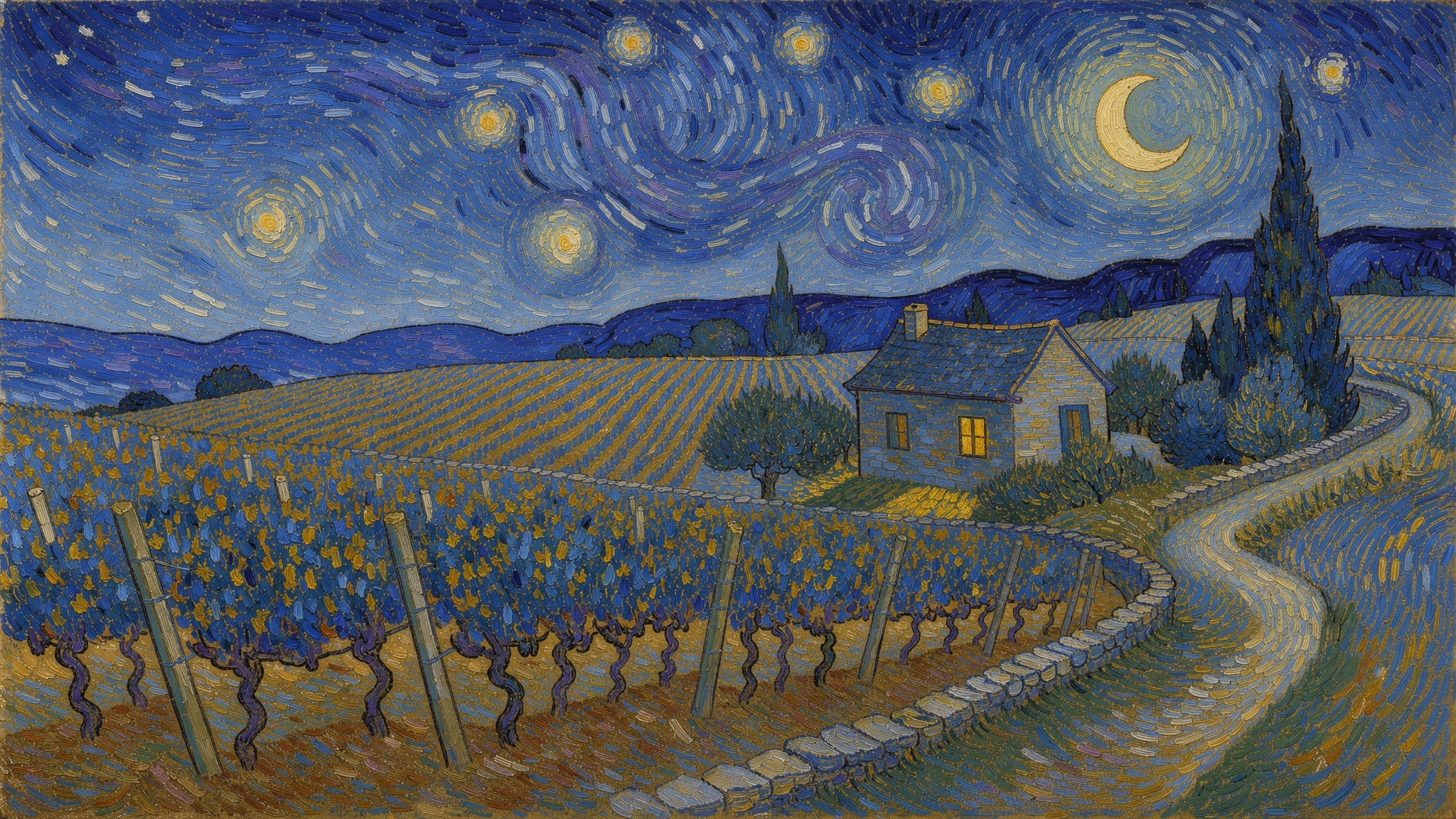 A hillside vineyard and stone farmhouse under a sky of swirling stars and a crescent moon