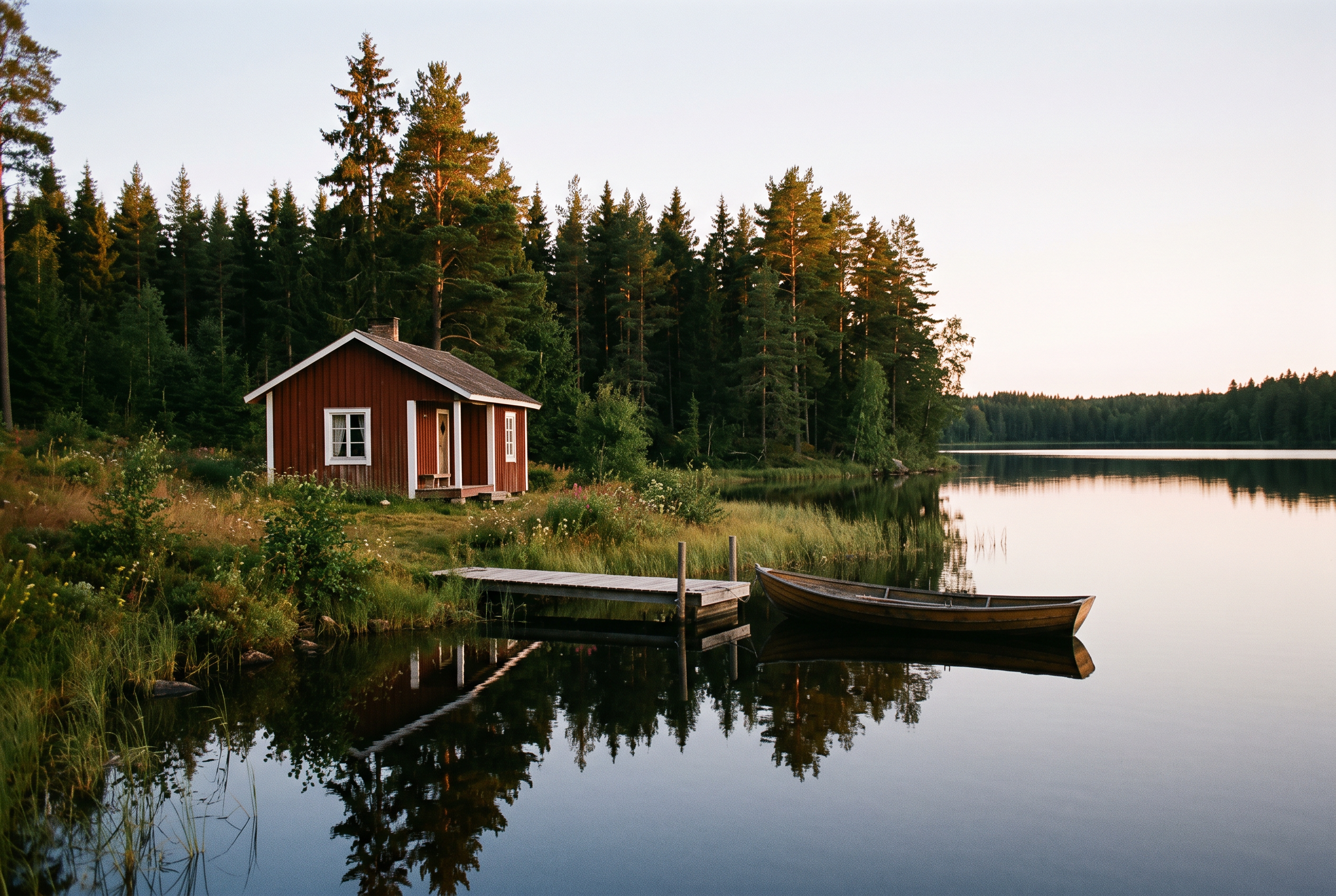 Step 1: a red wooden cabin with a dock and rowboat on a still lake in late summer light
