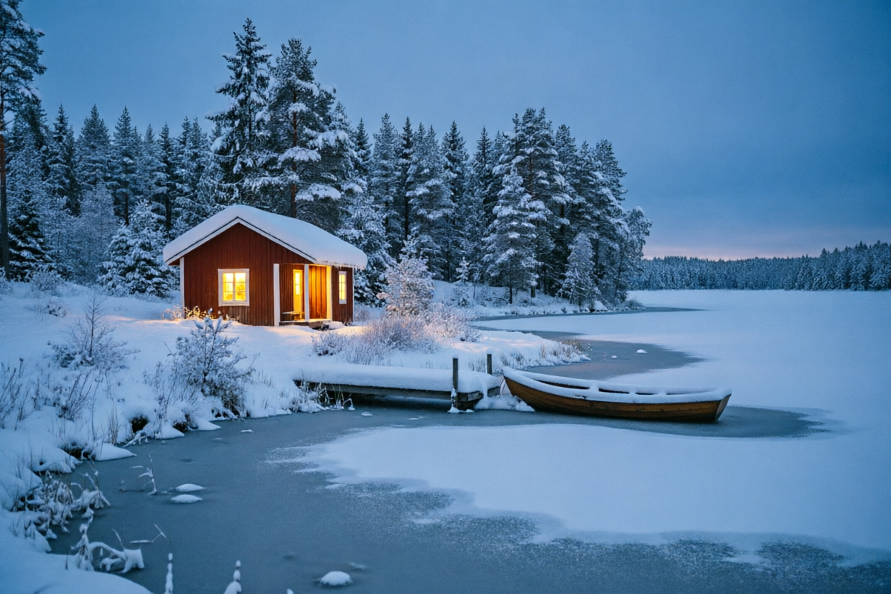 Step 2: the same cabin, dock and rowboat under snow, the lake frozen, windows glowing at dusk