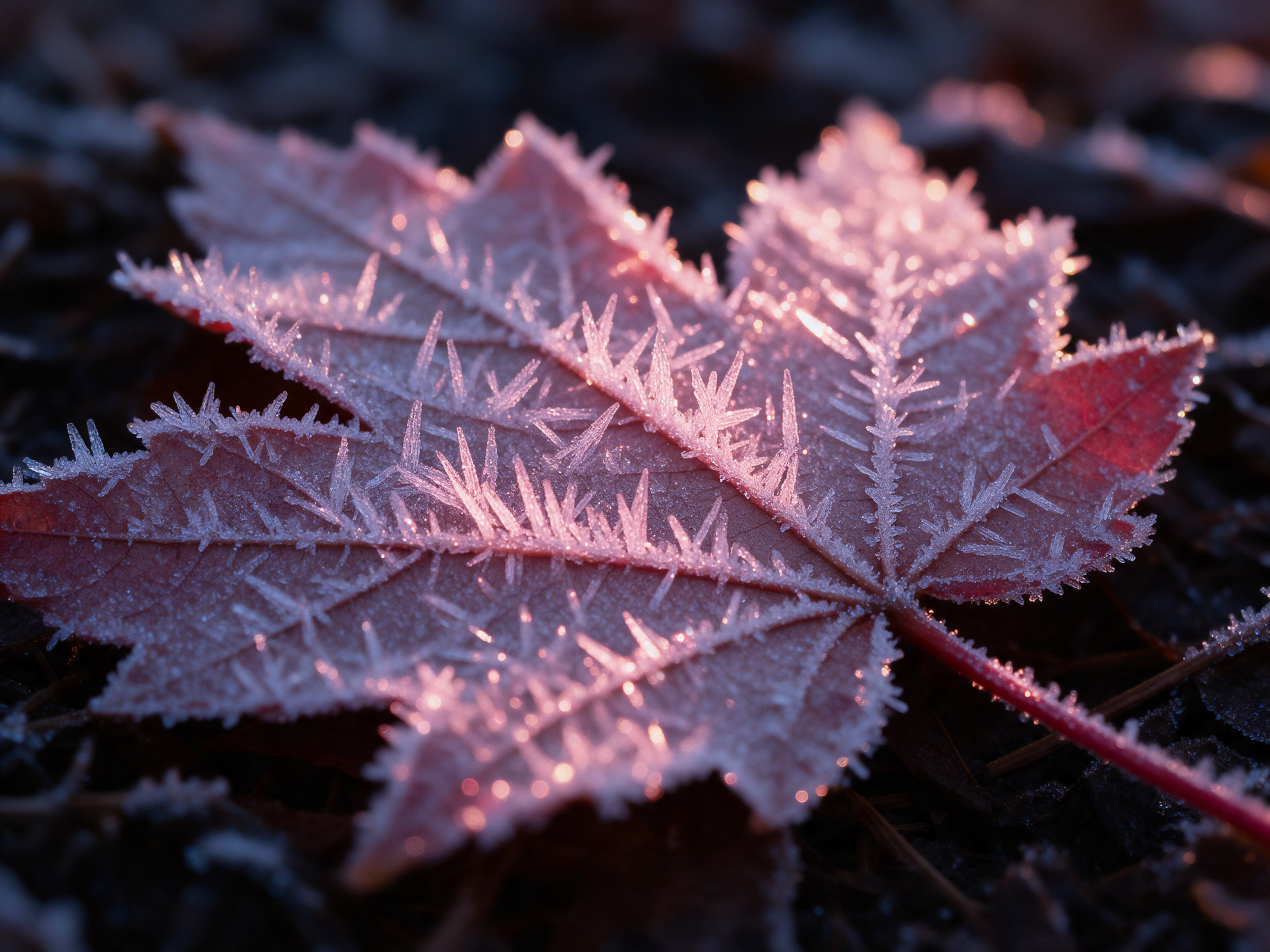 Frost crystals cover a red maple leaf in pink dawn light