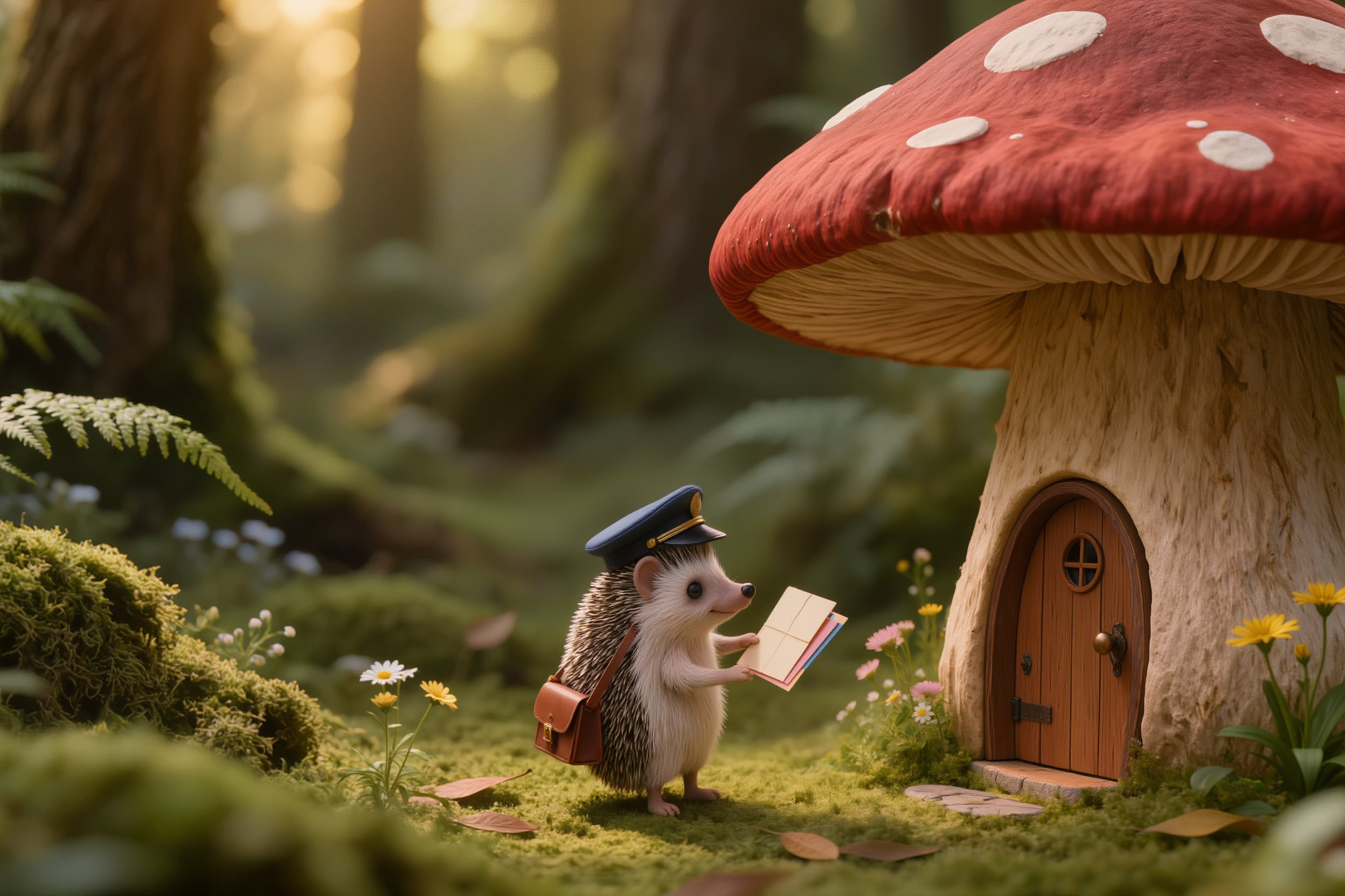 A hedgehog postman in a blue cap reads a letter beside a mushroom house in a mossy forest