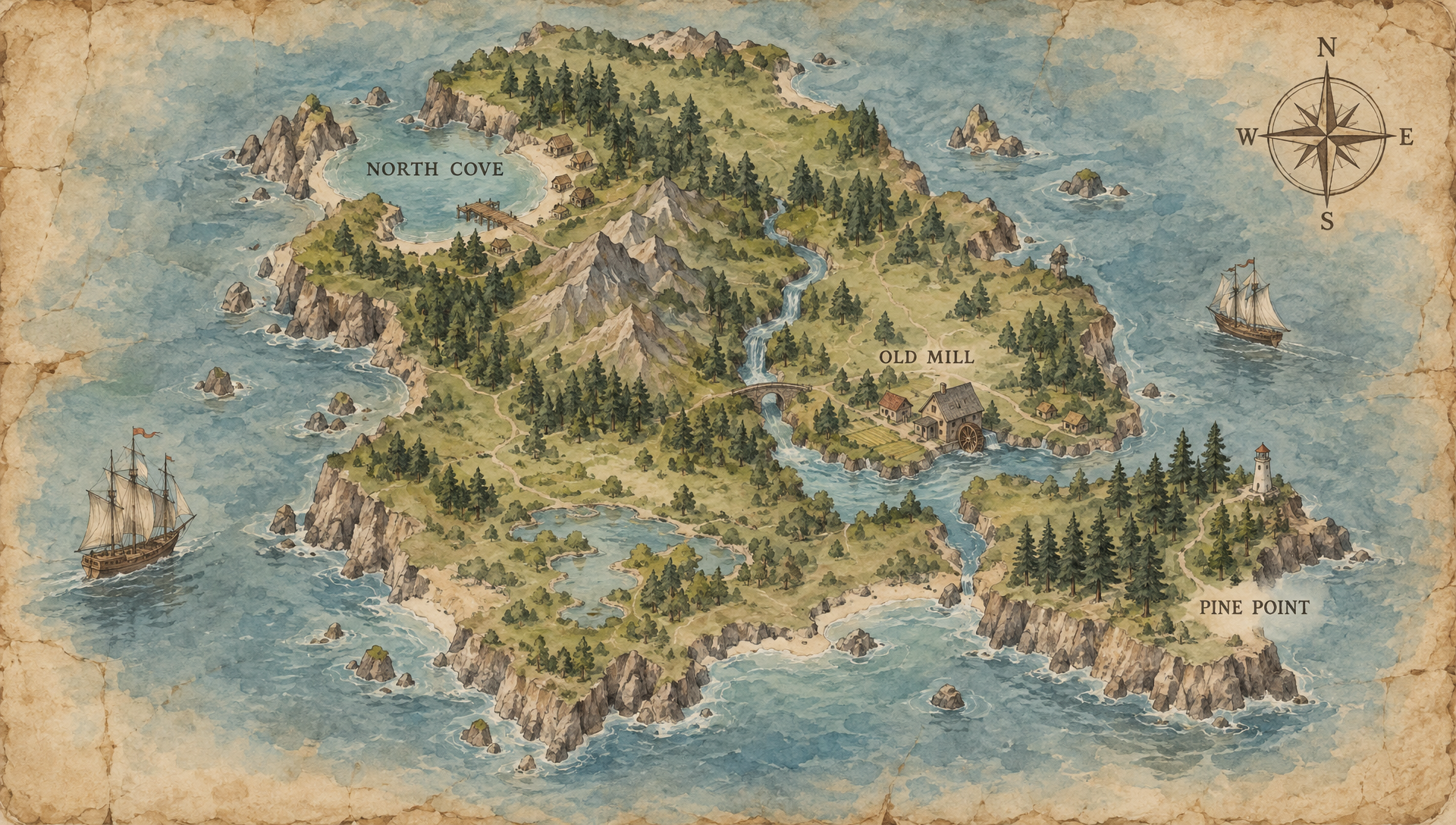 A watercolor map of an island with NORTH COVE, OLD MILL and PINE POINT labeled