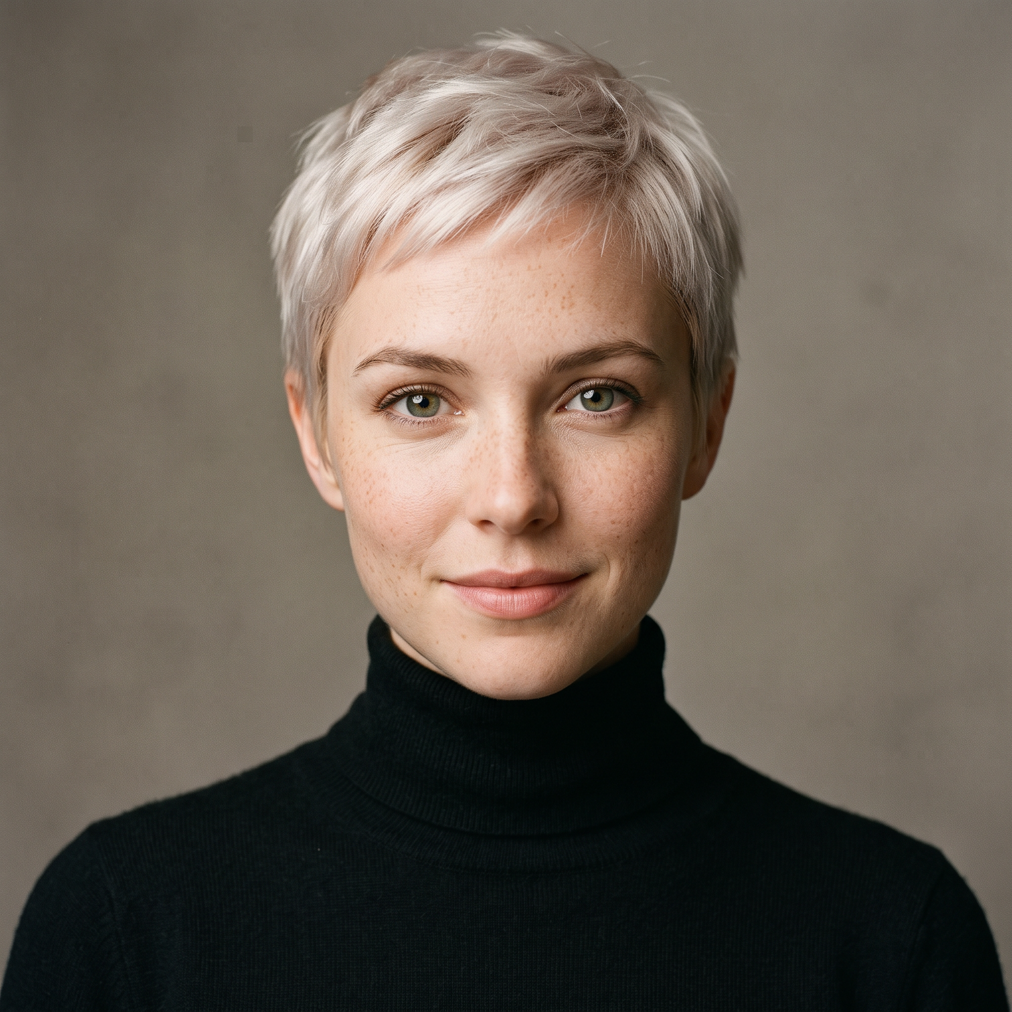 The face: a generated woman with a short platinum pixie cut, freckles and green eyes in a black turtleneck