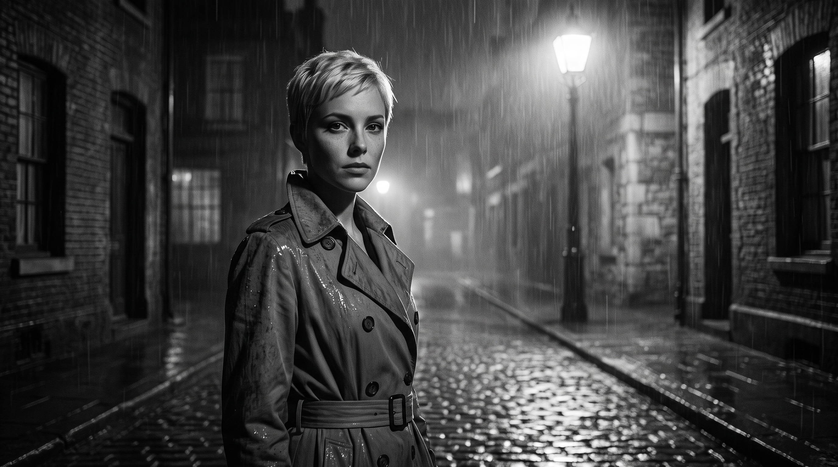 The same woman in a trench coat under a streetlamp on a rainy cobbled street in black and white
