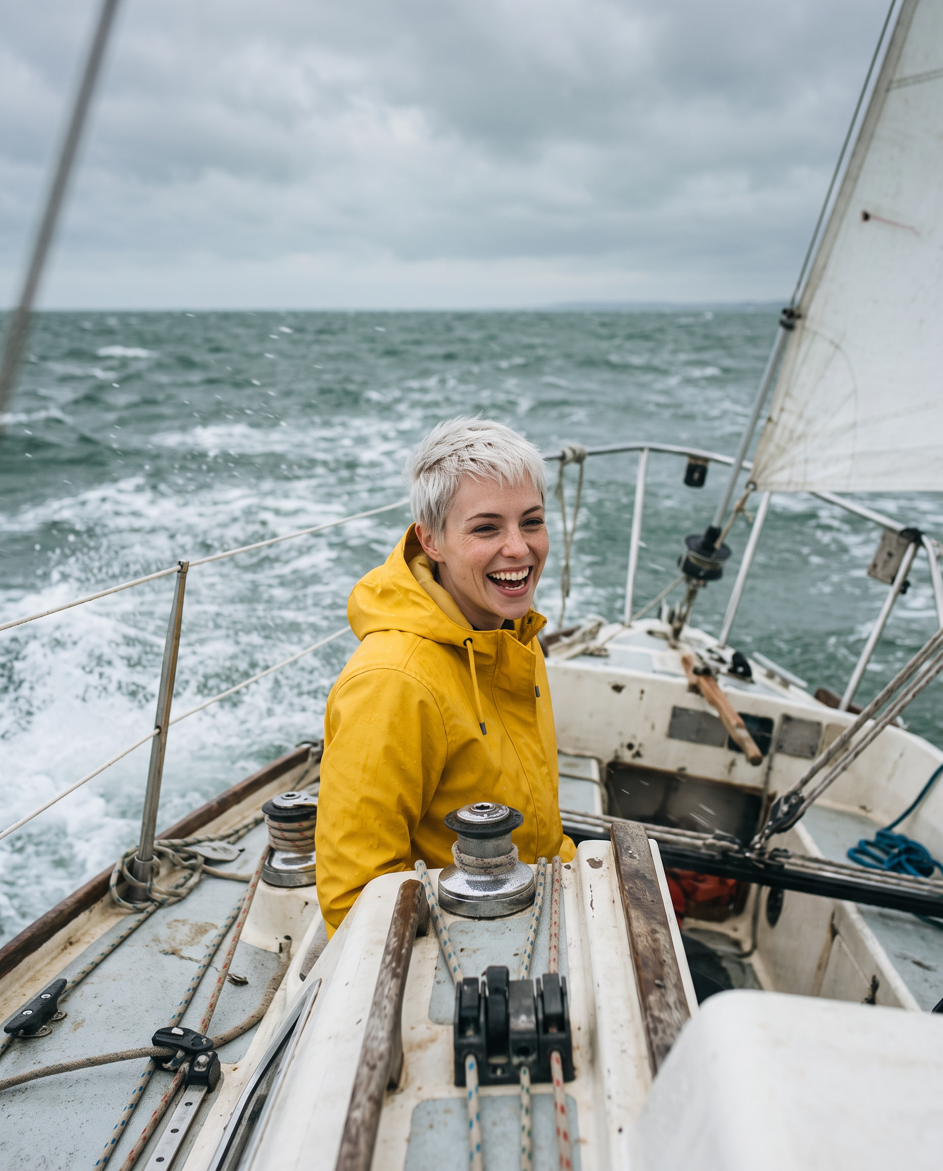 The same woman laughs in a yellow rain jacket on a sailboat deck as sea spray flies