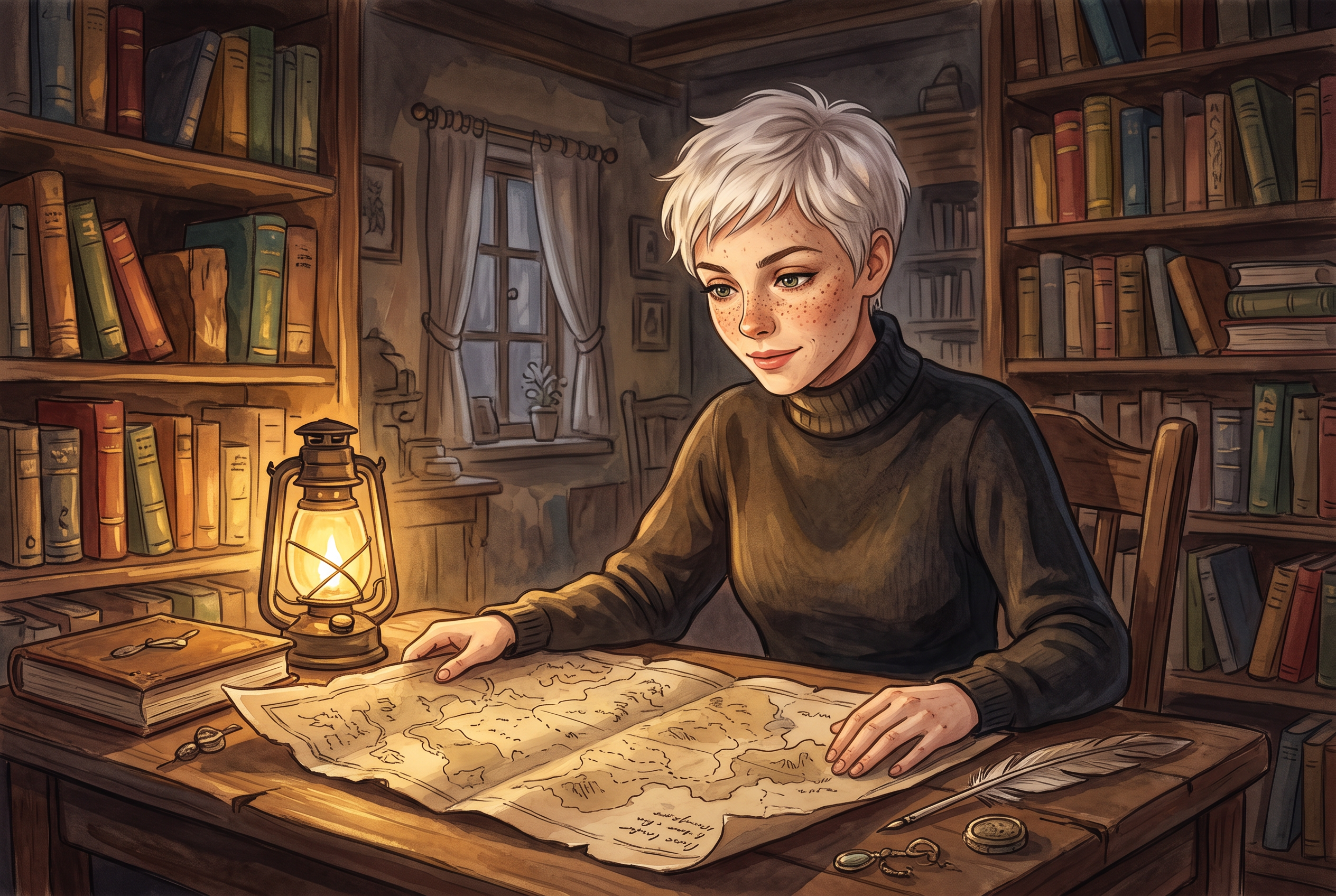 The same woman drawn as a storybook illustration, reading a map by lantern light in a library