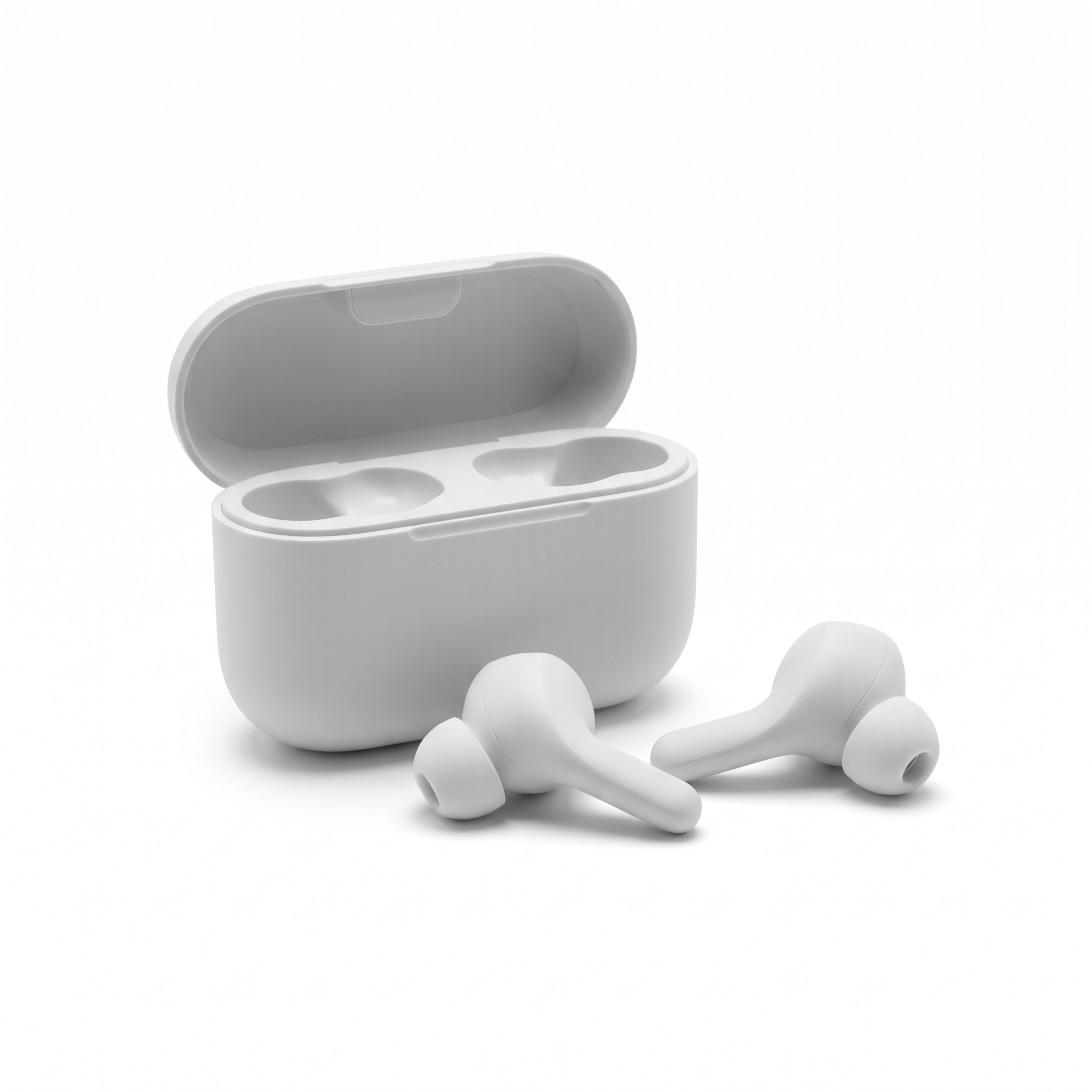 Matte white wireless earbuds beside their open charging case on a pure white background