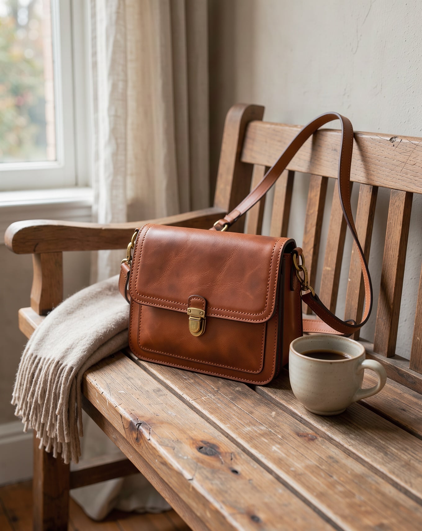 FLUX 3 Image: the bag on a slatted bench with a cream scarf and a coffee cup by the window