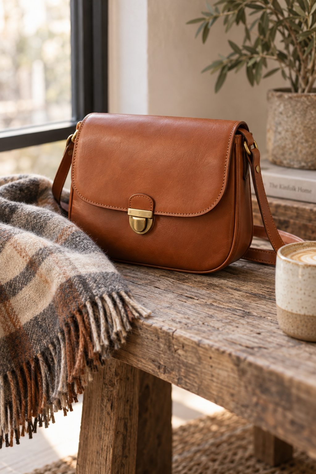 GPT Image 2.5: the bag on a wooden table beside a plaid wool throw, a cup and a window