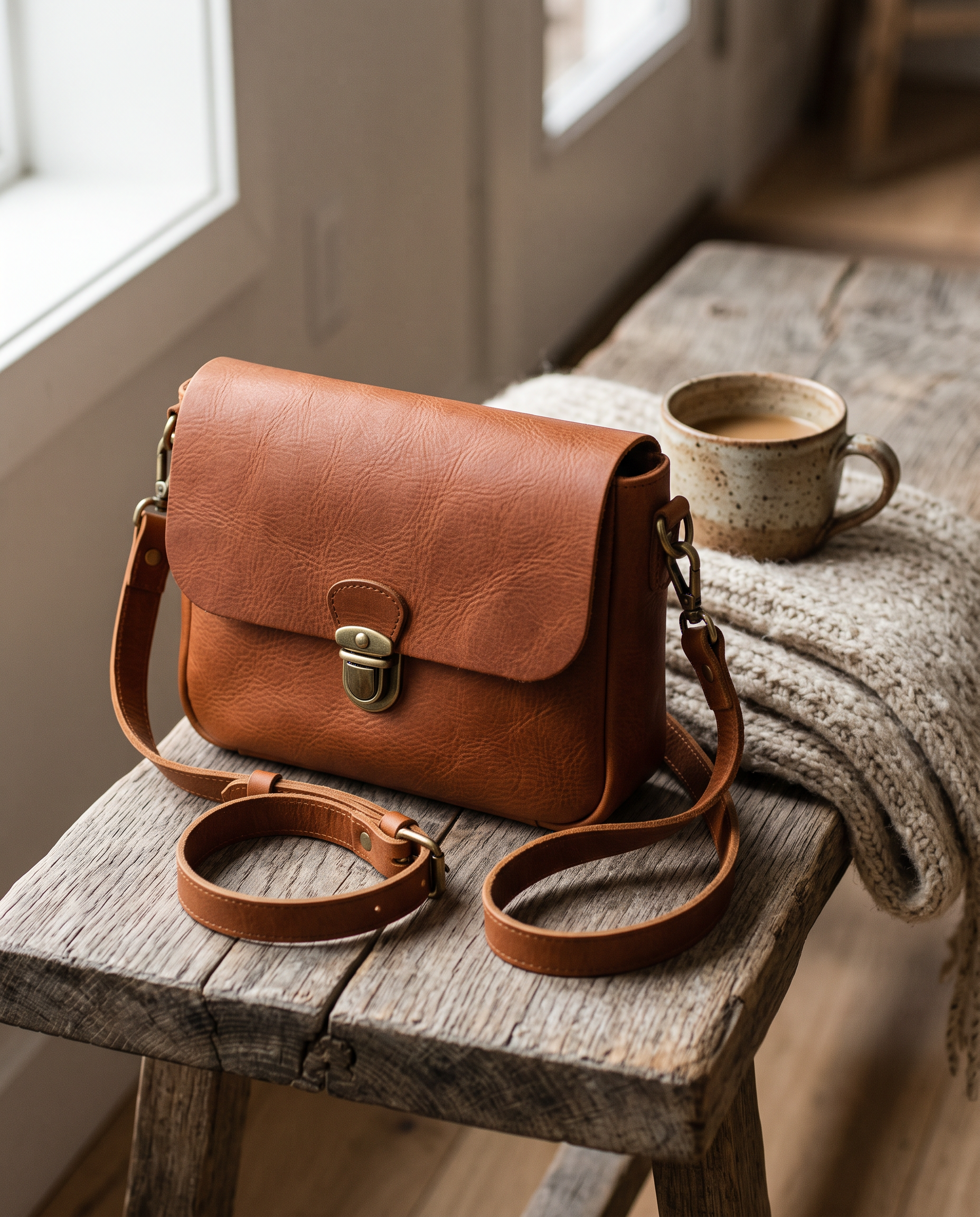 Nano Banana 2.1: the bag on a rough wooden stool with a knit scarf and a coffee cup, strap coiled in front