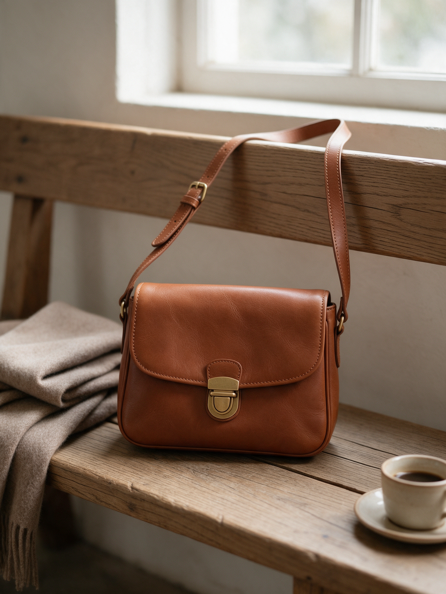 Seedream 5: the bag hanging by its strap from a bench back, a folded scarf and a cup on a saucer