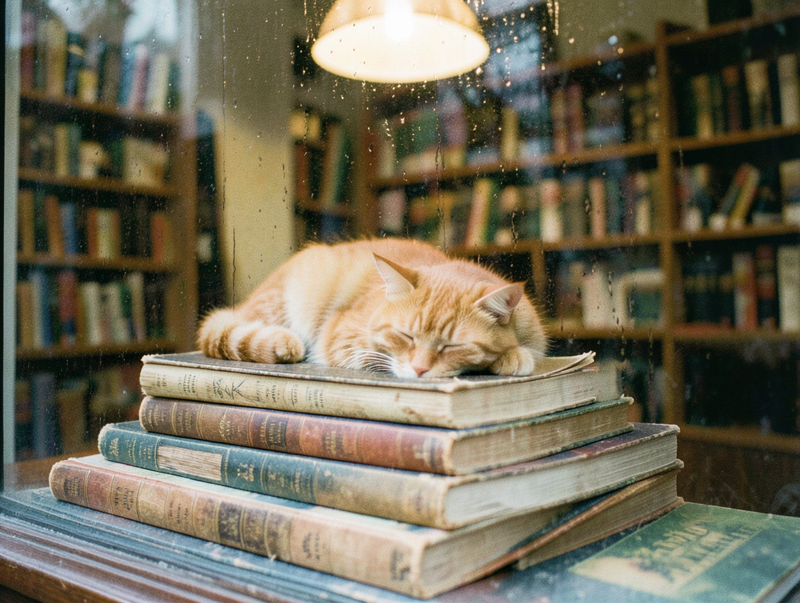 FLUX 2 Klein 4B: the cat curled on a tall stack of worn books under a hanging lamp, shelves behind