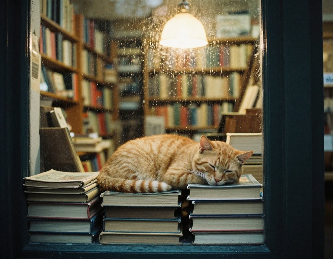 P-Image: the cat asleep on books framed by the dark window frame, rain on the glass