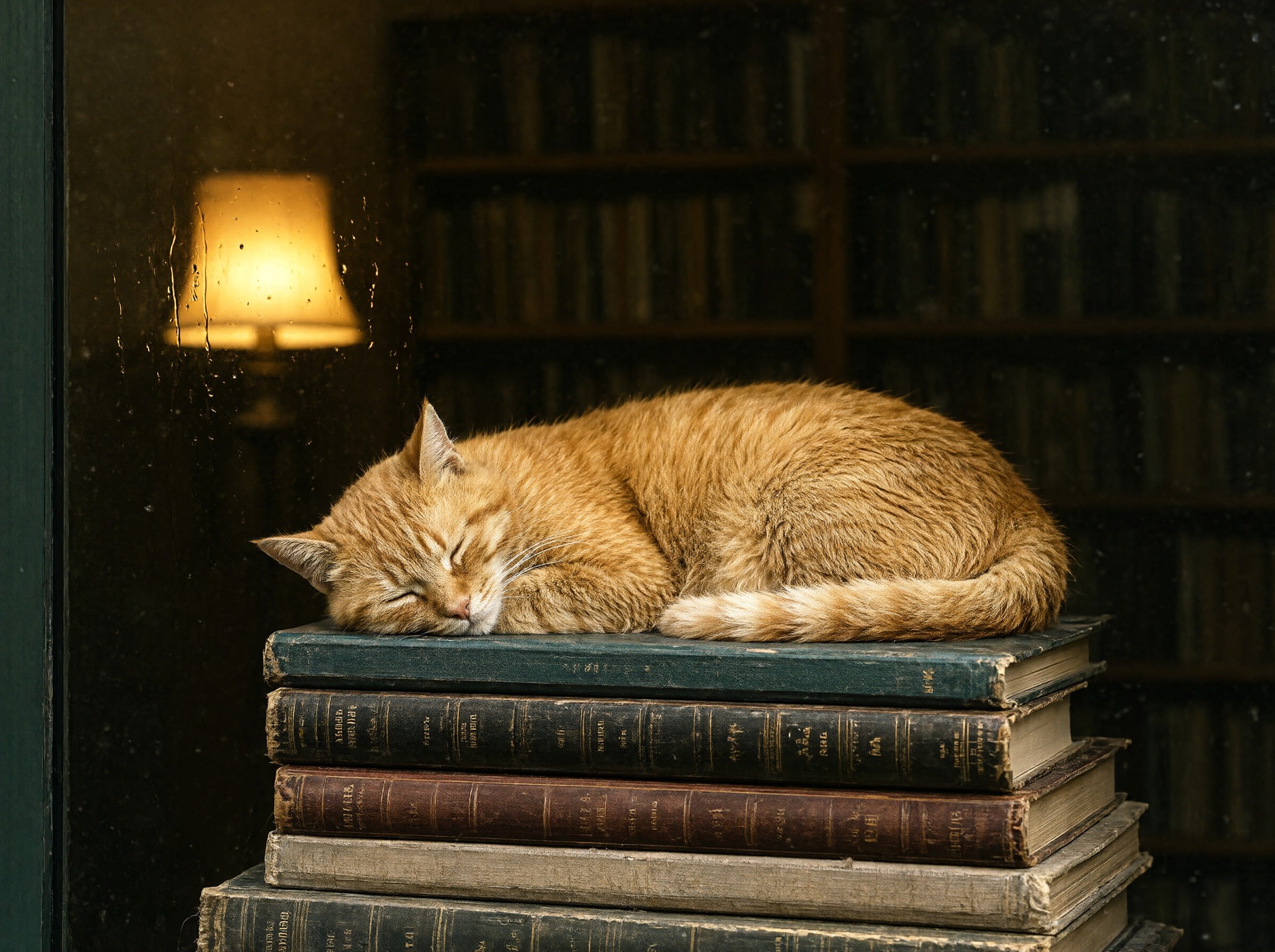 Qwen Image 2.1 Turbo: the cat asleep on dark leather books by a glowing table lamp
