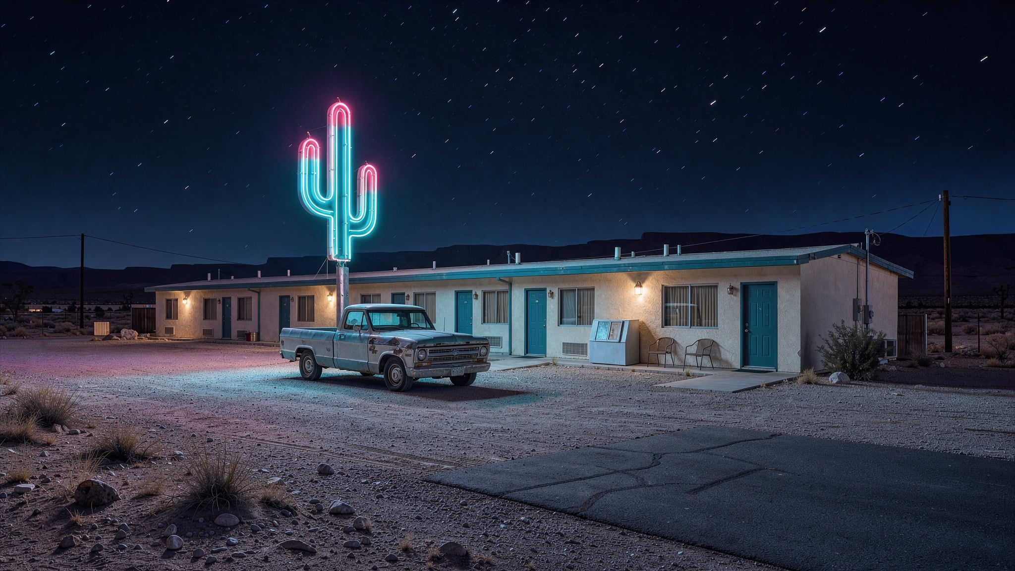 A desert motel at night under a glowing turquoise and pink cactus neon sign with an old pickup parked in front