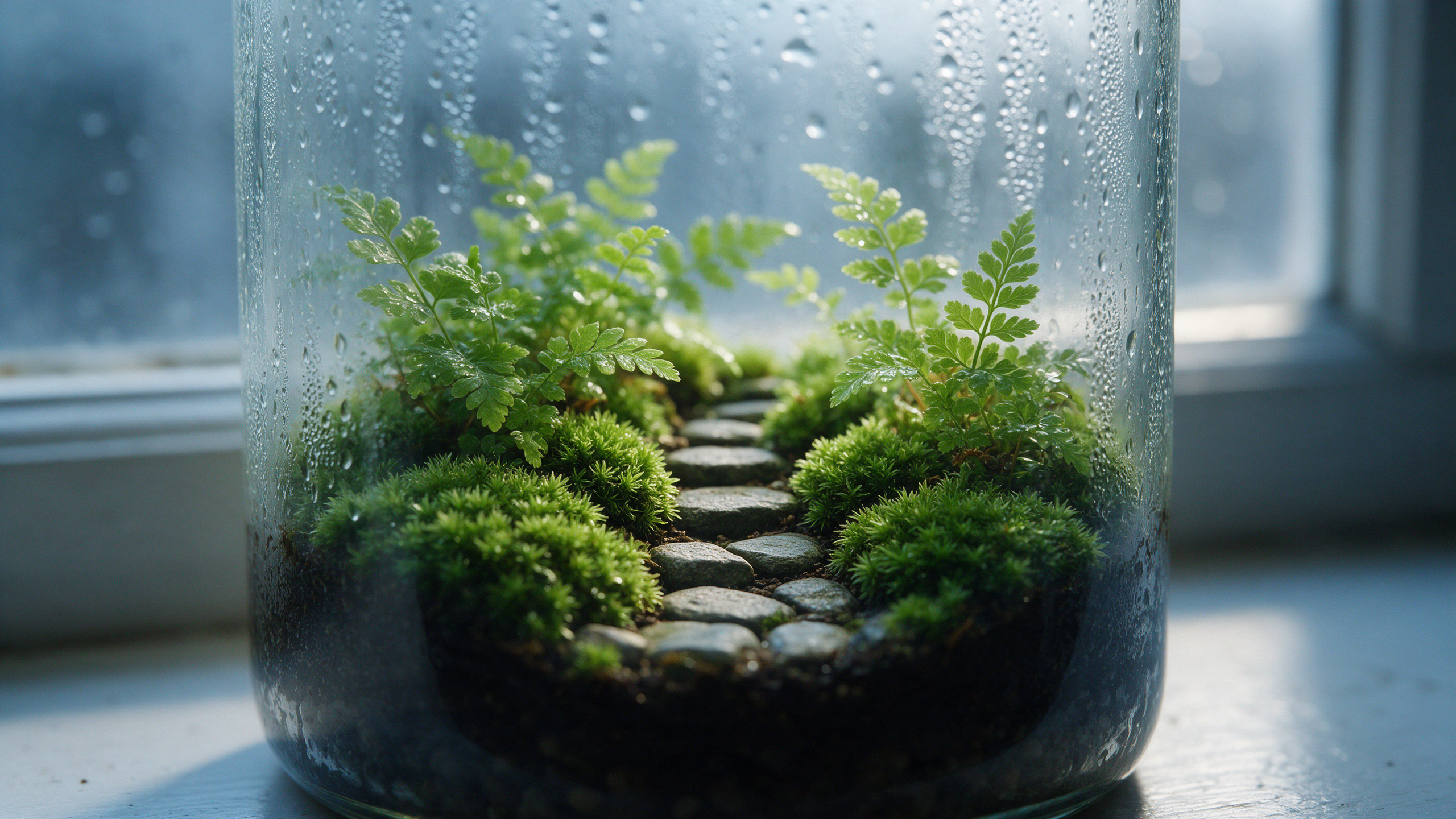 A sealed glass terrarium with ferns, cushion moss and a tiny stone path, condensation beading on the glass