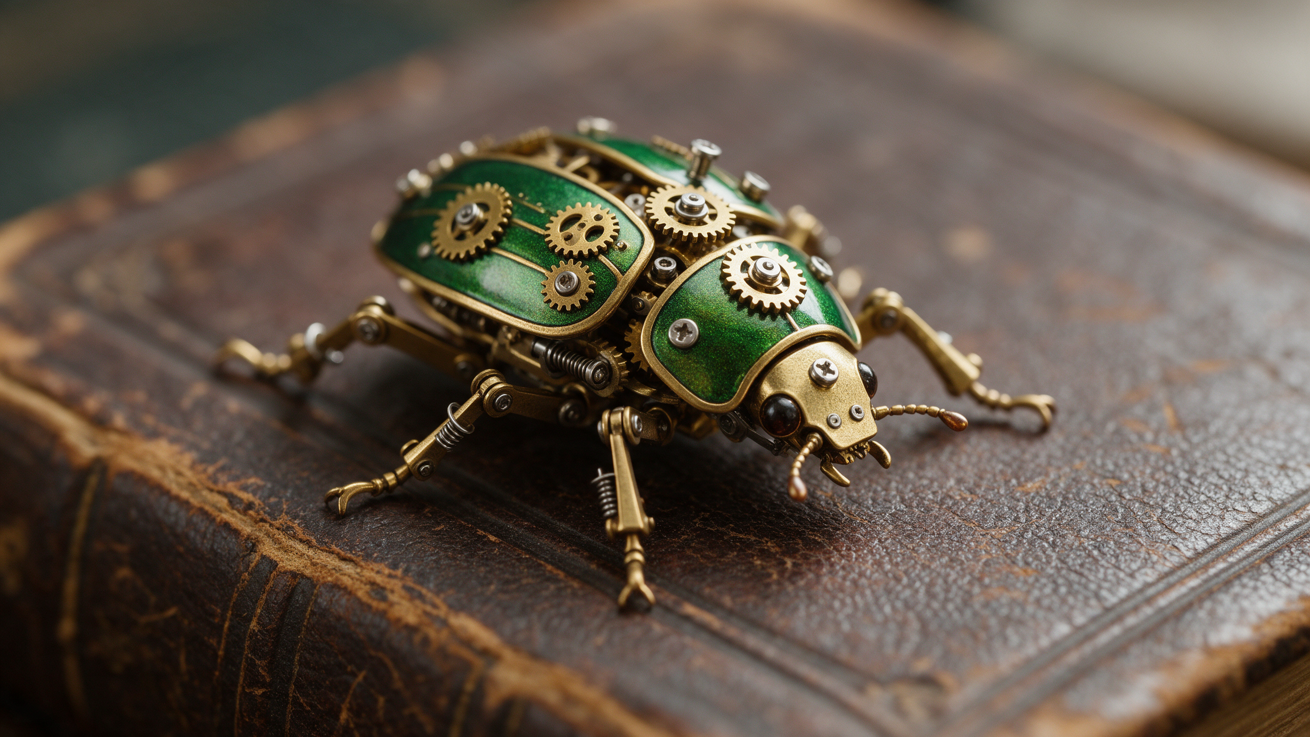 A clockwork beetle of brass gears and green enamel plates crawls across an old leather book cover