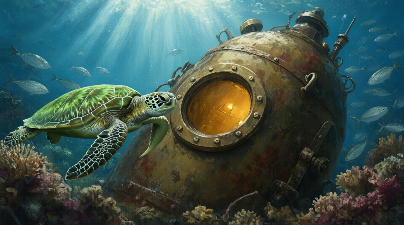 Qwen Image 2 Edit: the same Qwen scene with a green sea turtle added on the left