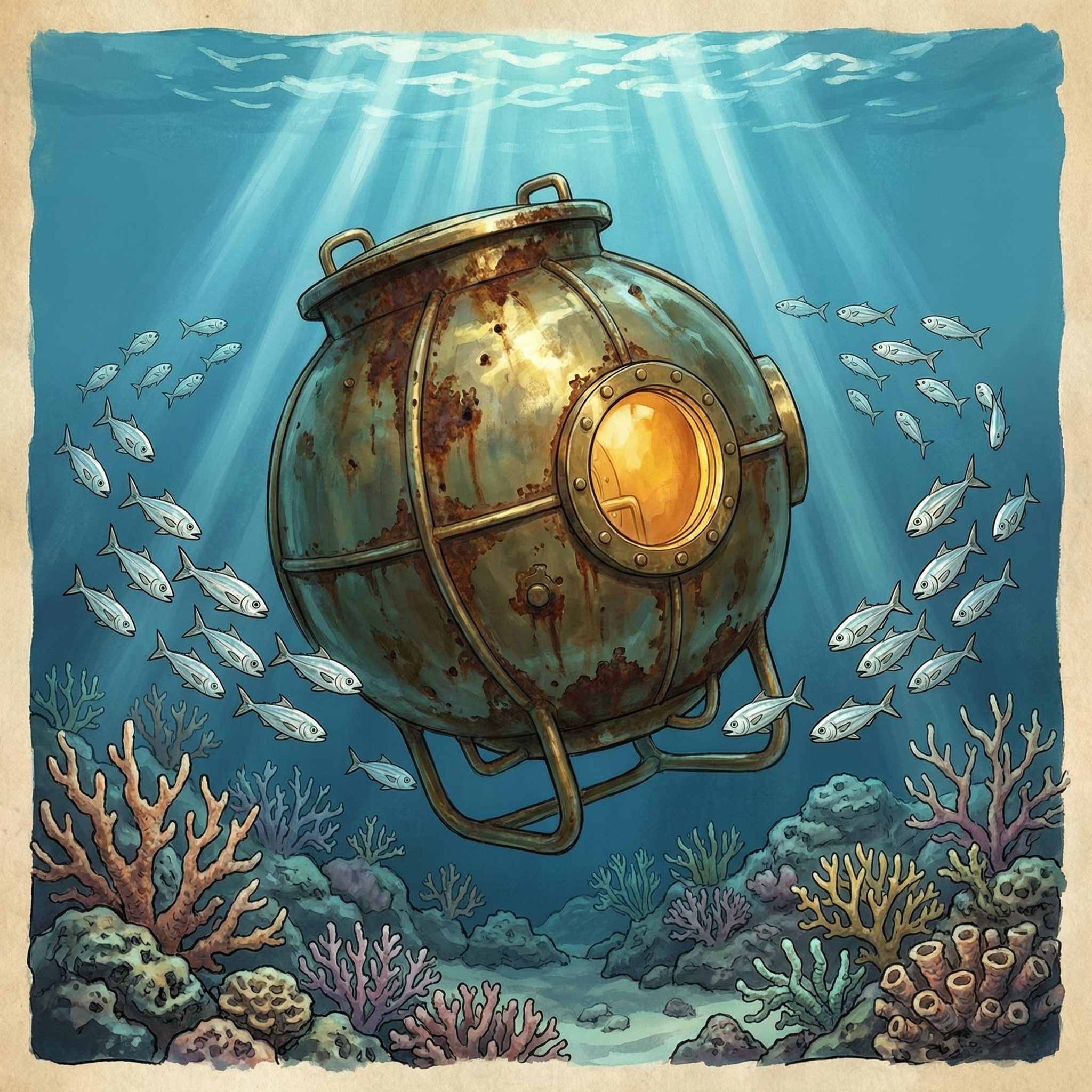 WAN 2.7 Pro: a round rusted diving bell in an illustrated style with a paper border, ringed by fish and coral