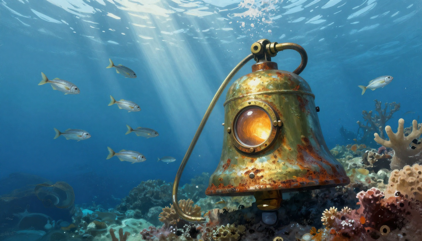 Z-Image Turbo: the diving bell drawn as a literal bell shape with a porthole and a hose, on a reef with fish