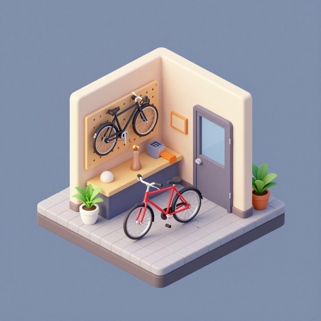 An isometric 3D room of a tiny bicycle repair shop with a red bike on a stand and a bike on the pegboard