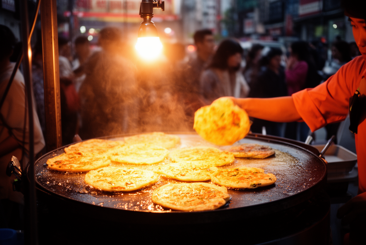 A street vendor flips a golden scallion pancake on a wide iron griddle under a bare bulb with a crowd behind