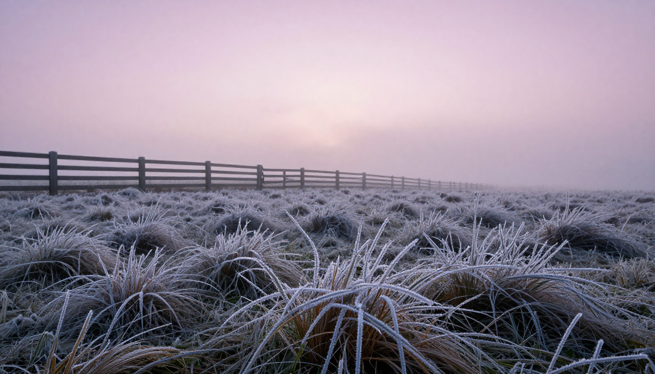 Frosted meadow grass at dawn with a wooden fence fading into pink fog