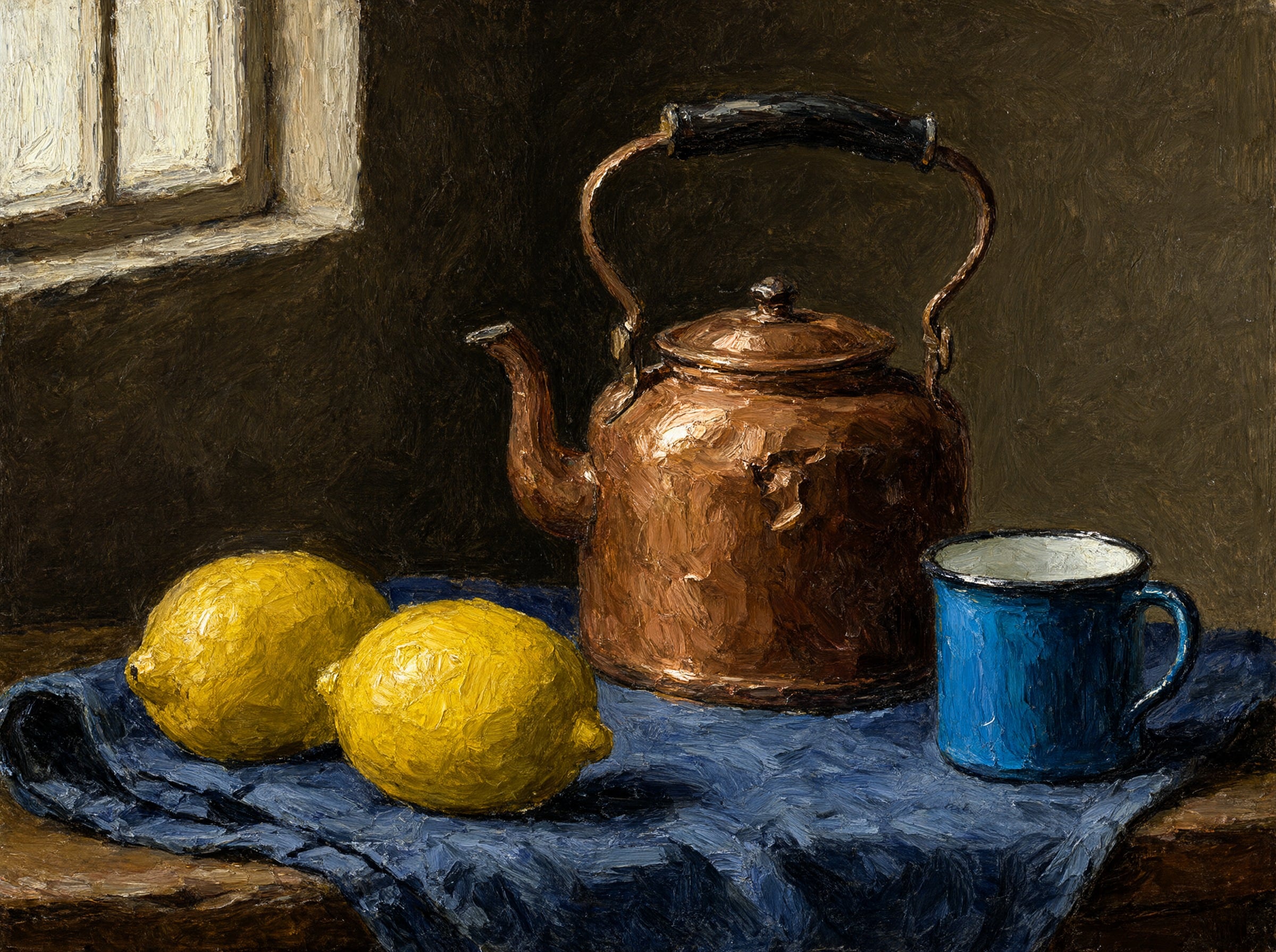 An oil painting of two lemons, a dented copper kettle and a blue enamel cup on an indigo cloth