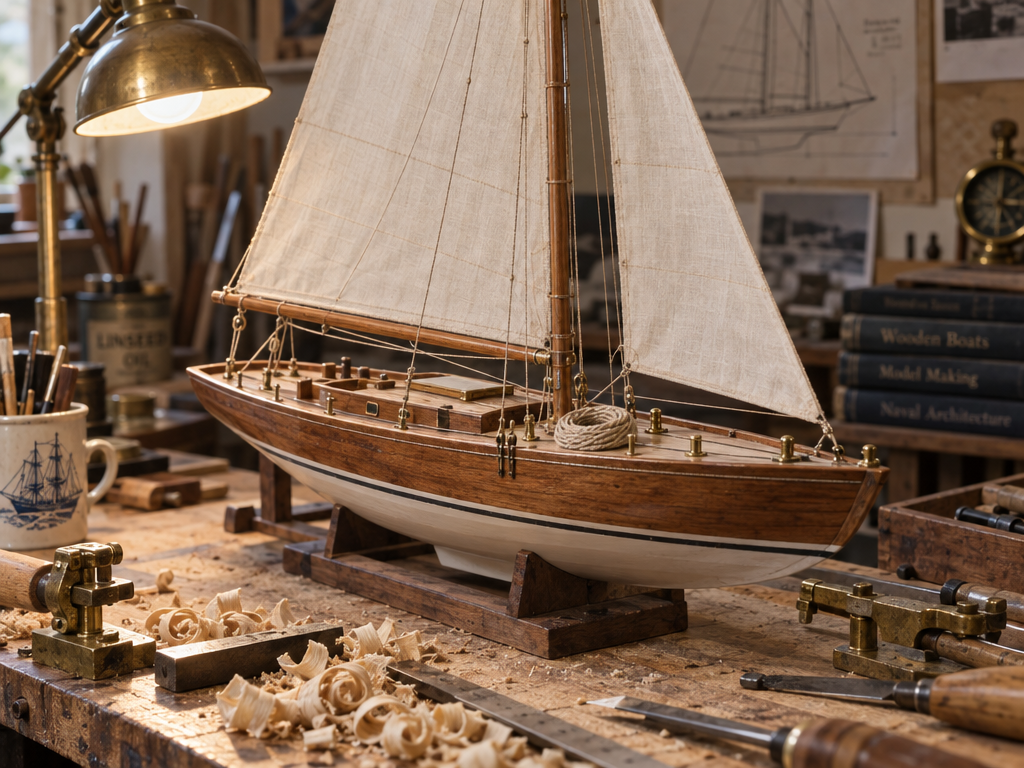 GPT Image 2.5: the sailboat with a white hull on a stand under a brass lamp, a mug and books on the bench