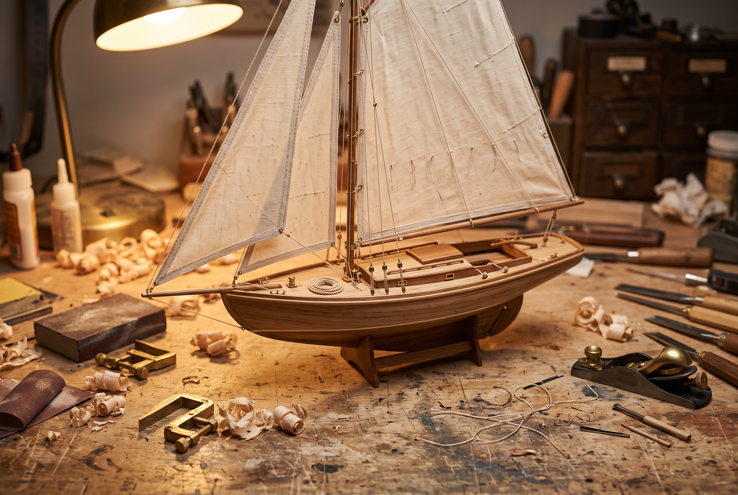 Nano Banana 2.1: the sailboat in warm lamp light on a crowded bench of tools, glue bottles and shavings